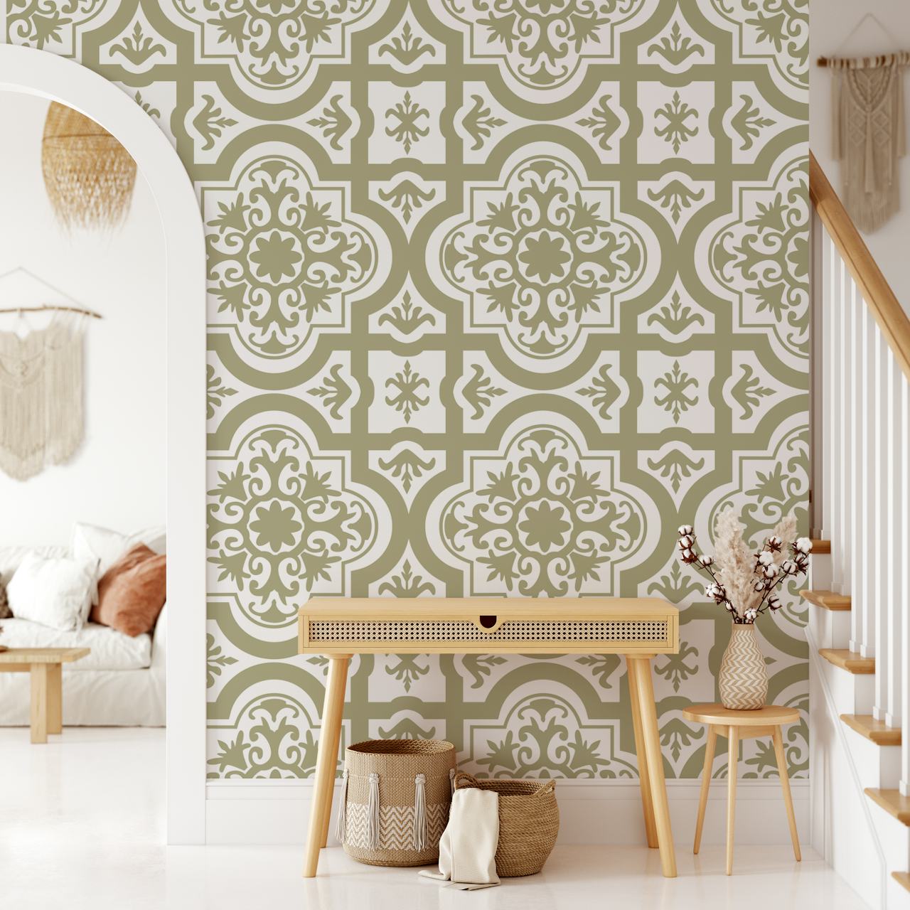 Alhambra Tiles Pale Green wallpaper in a room