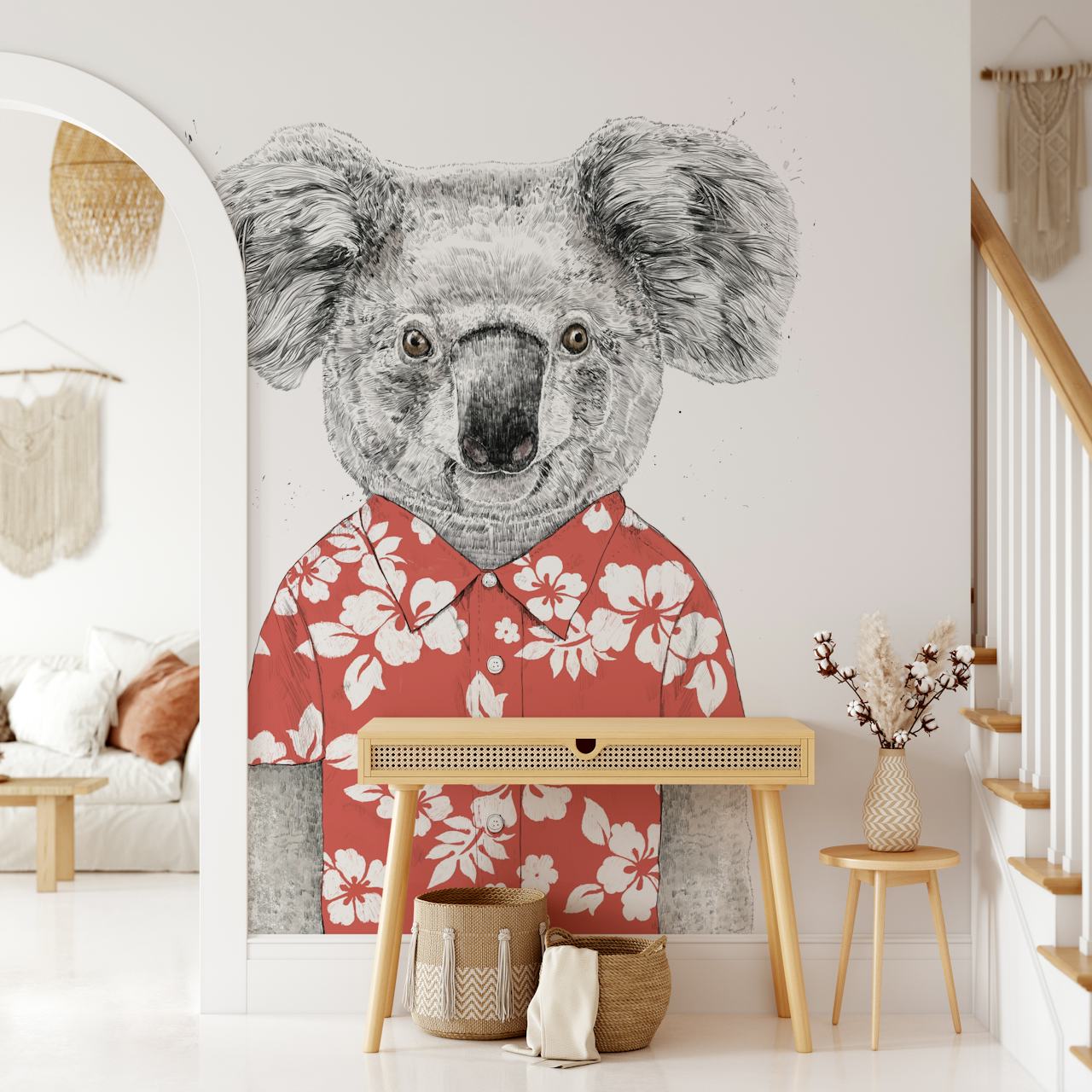 Koala in a floral shirt, gray colors, cartoon-style wallpaper