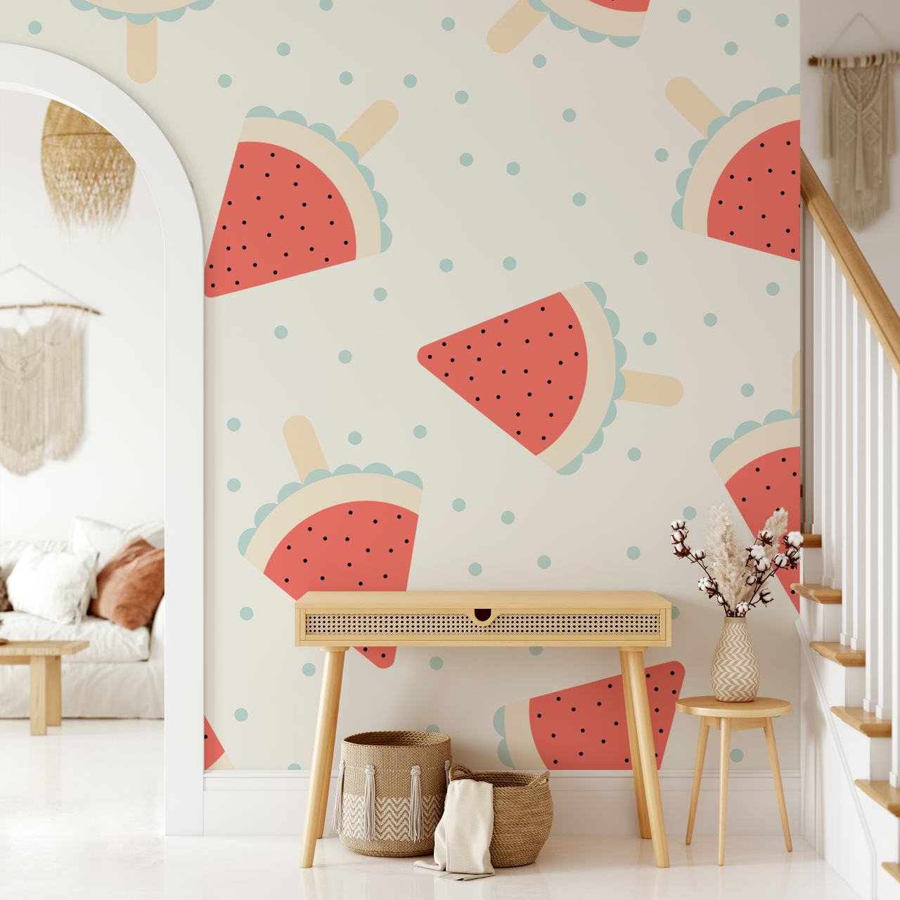 Fototapeta Watermelon Popsicle vzor s modrými tečkami na bílém pozadí