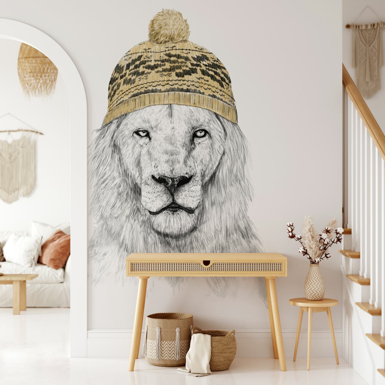 Papel de parede com um inverno lion em um gorro