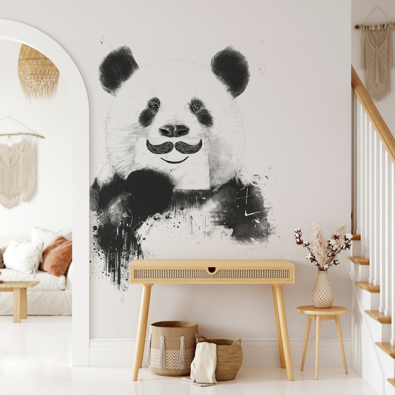 Funny panda wallpaper in a room