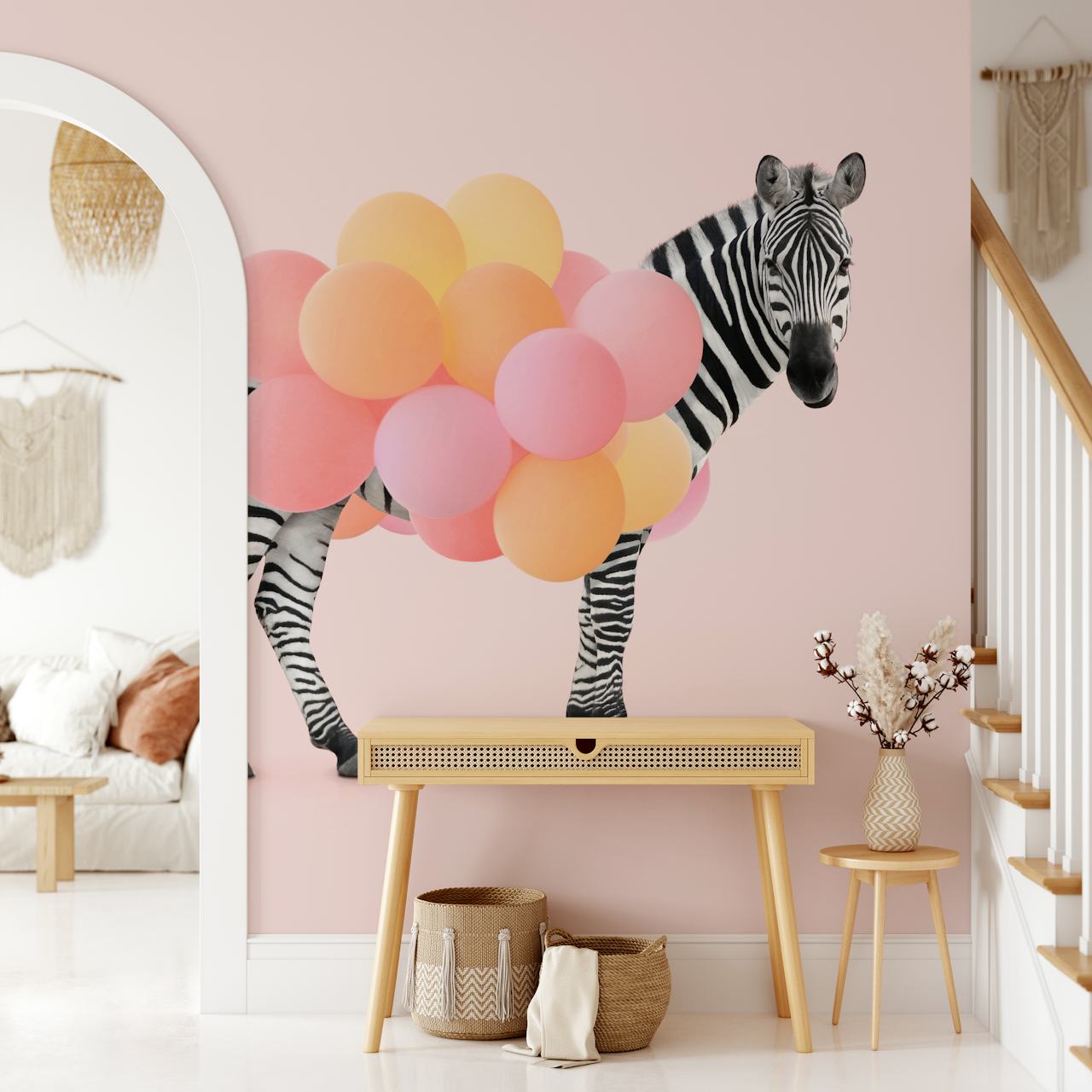 Zebra Party med färgglada ballonger på rosa bakgrund
