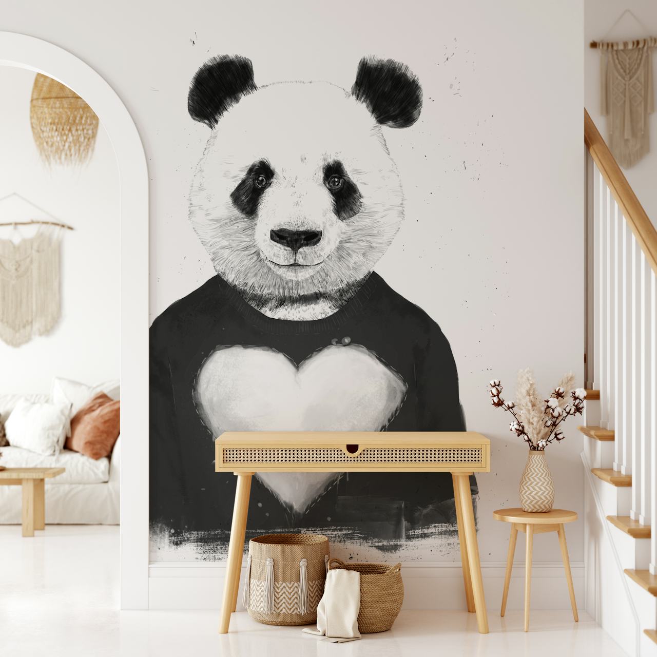 Panda wearing a black shirt with a heart illustration, monochrome wall mural