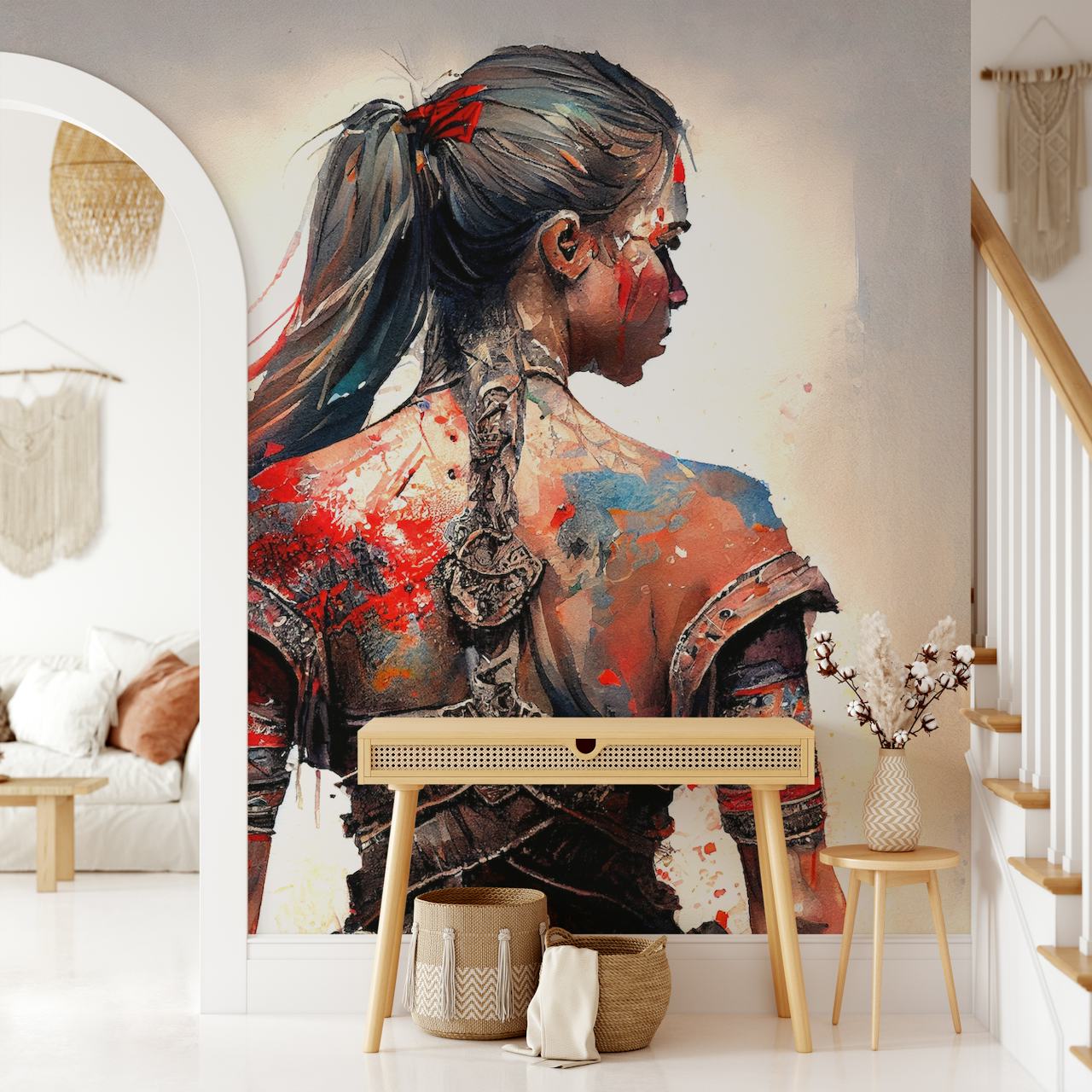 Colorful warrior woman with detailed armor and vibrant paint splashes wallpaper