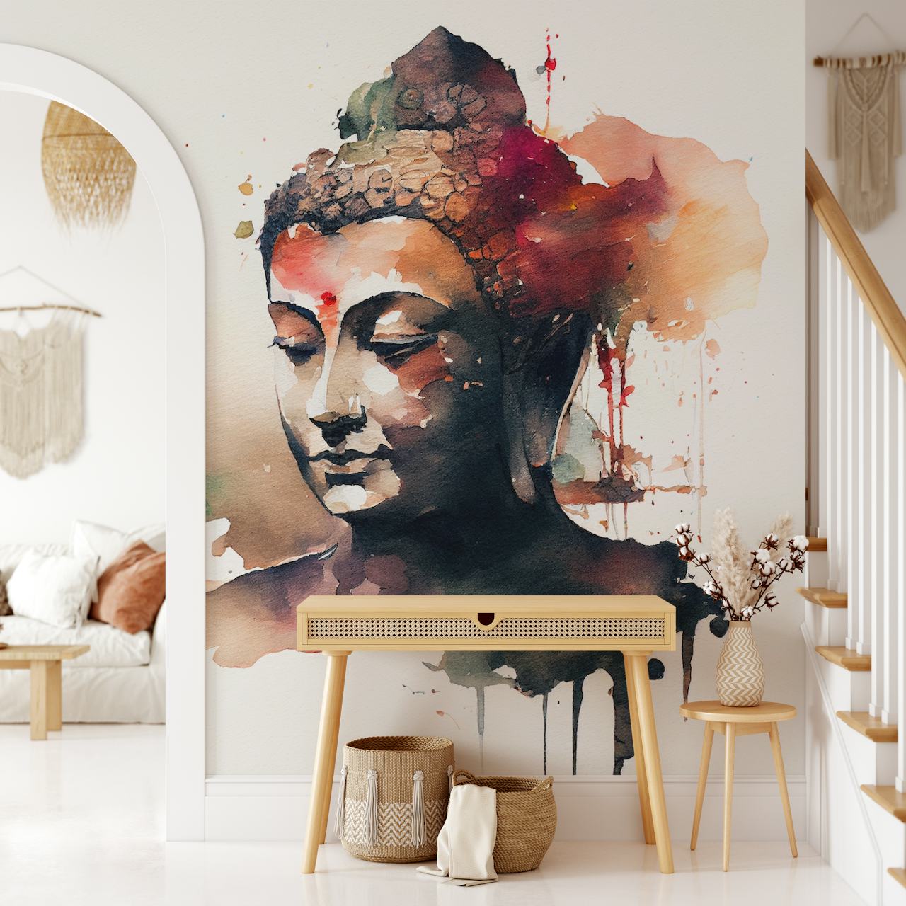 Watercolor Buddha wallpaper in a room