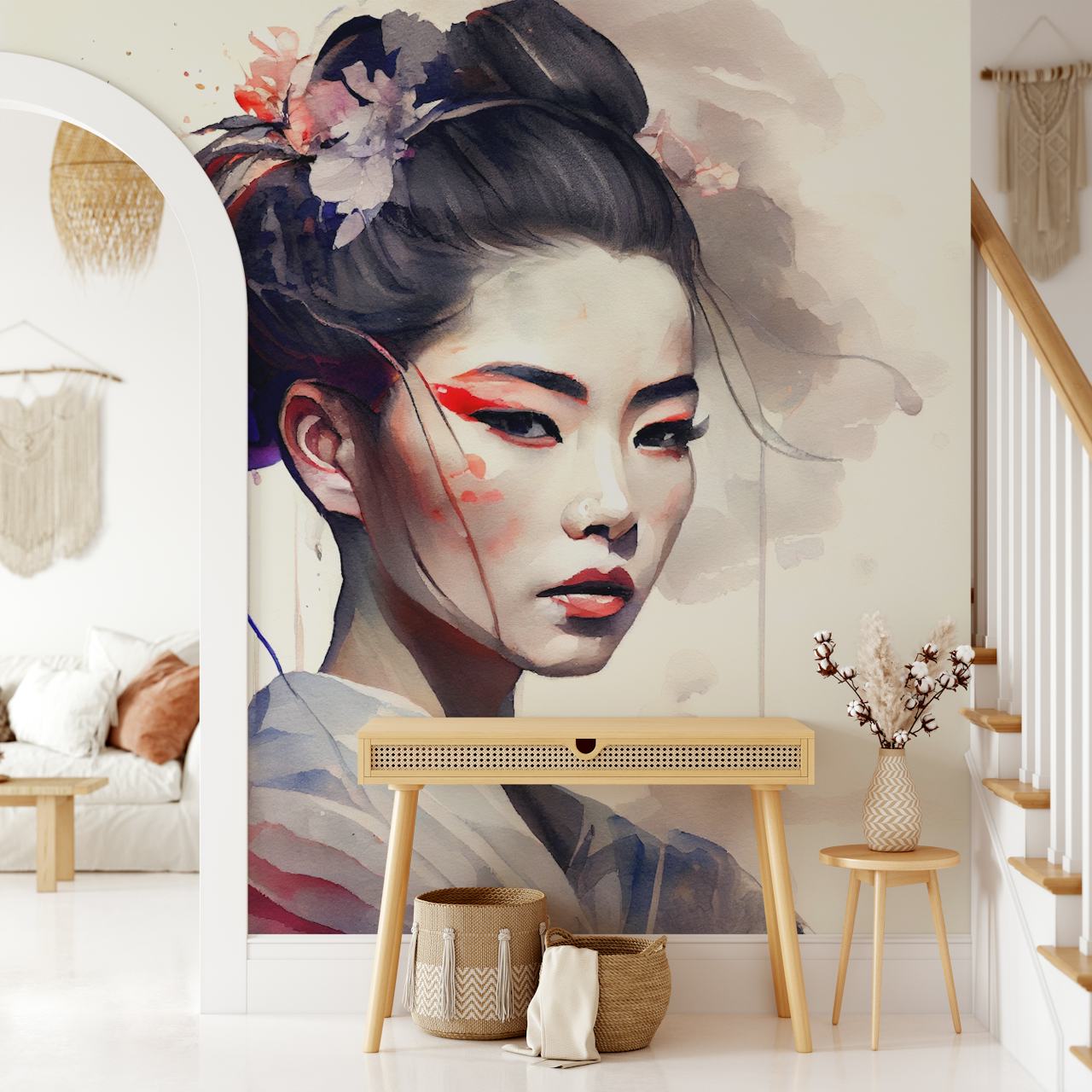 Watercolor Modern Geisha wallpaper in a room