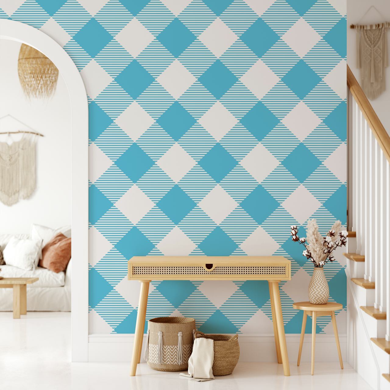 Sky Blue og White Gingham Pattern i et rom