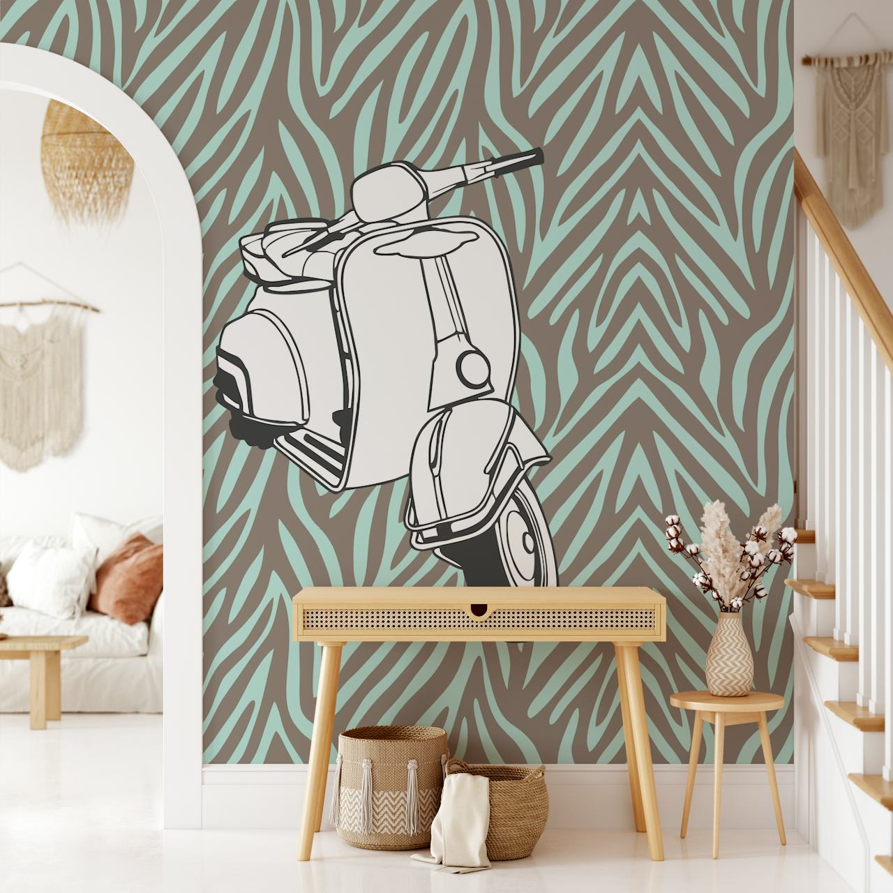Tapeta w zwierzęcy wzór Taupe sage z Vespa bike