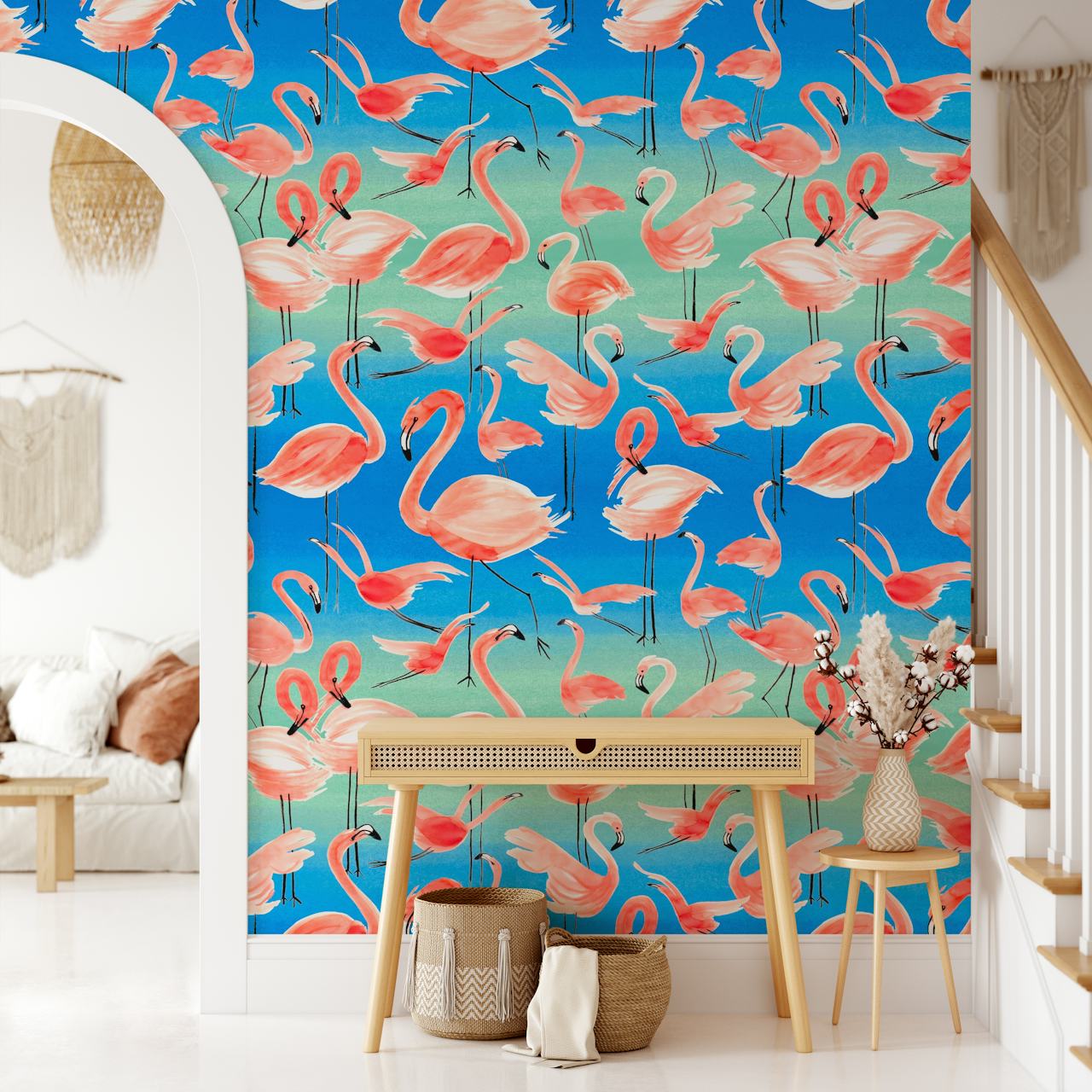 Watercolor pink flamingos on blue and green background wallpaper