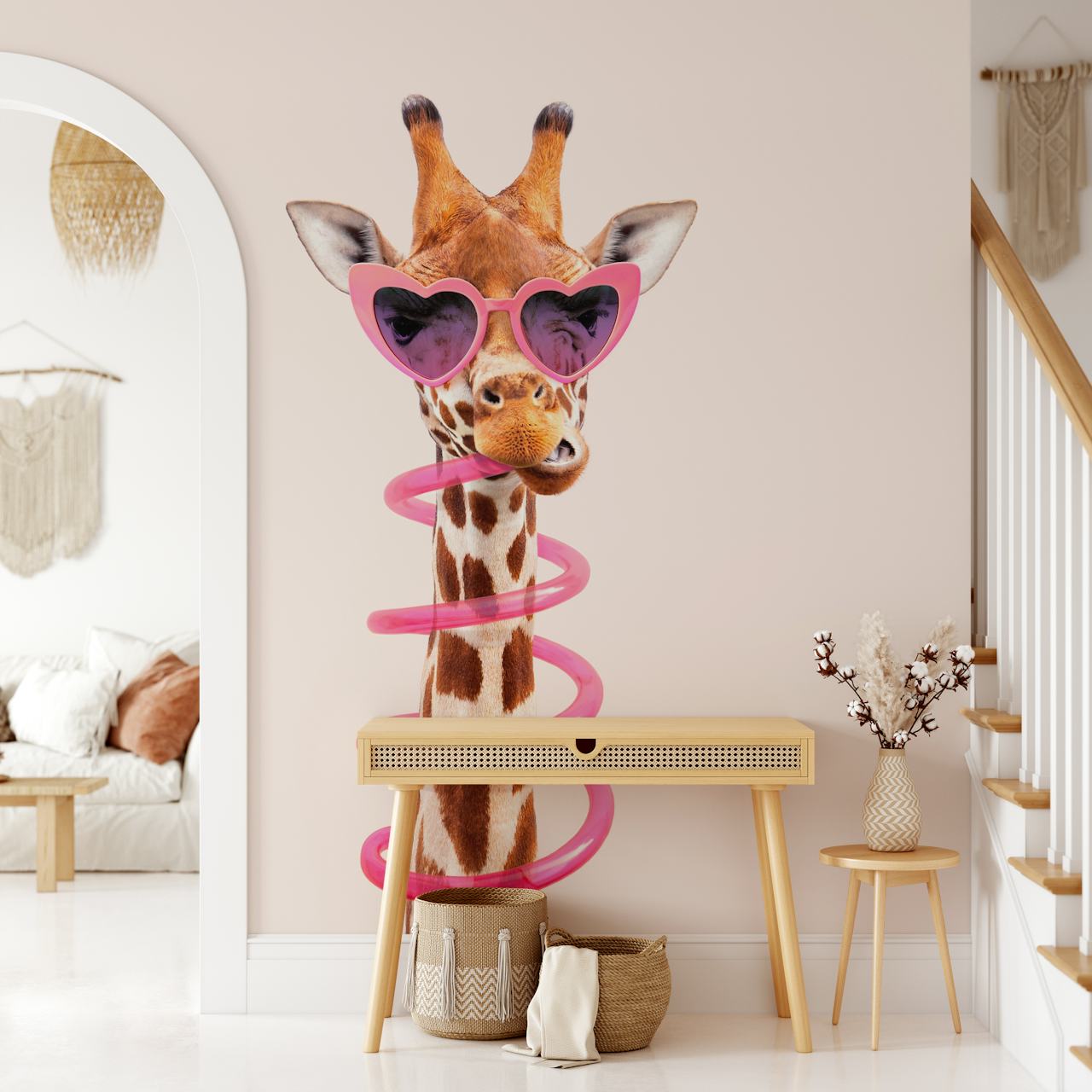 Giraffe wearing heart-shaped sunglasses with pink spiral decoration wallpaper