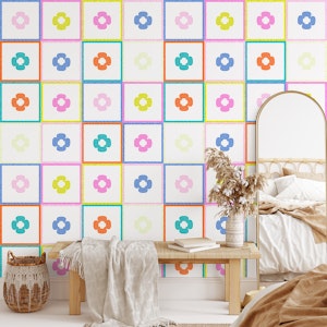 Colorful Kitschy Checkered Blooms - White