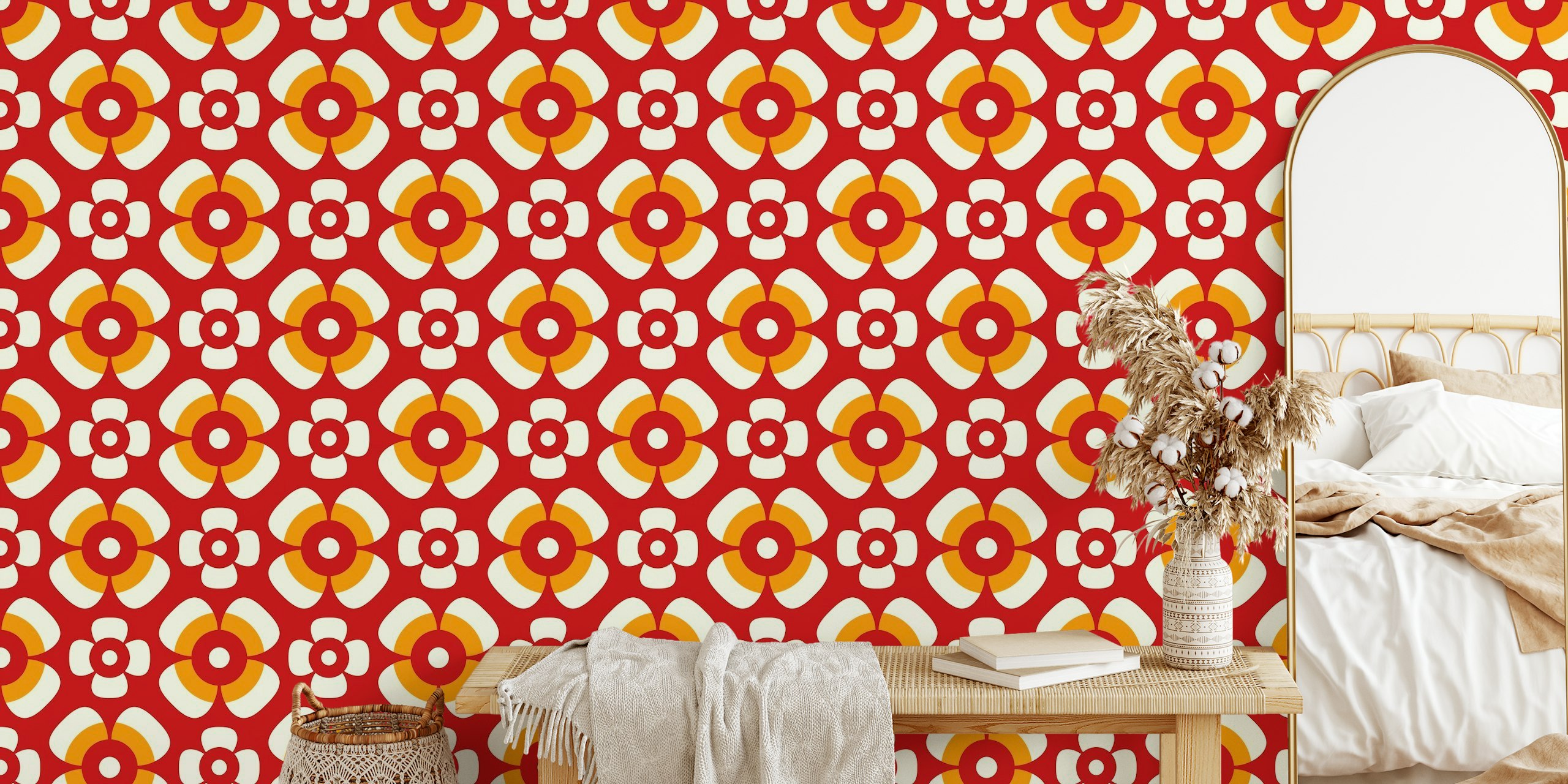 Retro daisies, red / 3082C tapetit