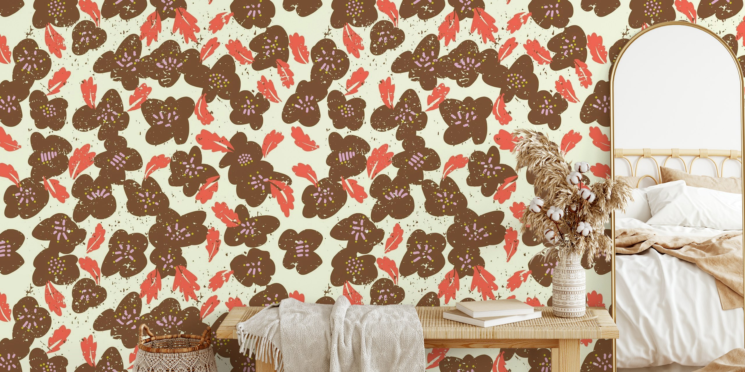 Bold flowers in my garden brown on offwhite wallpaper
