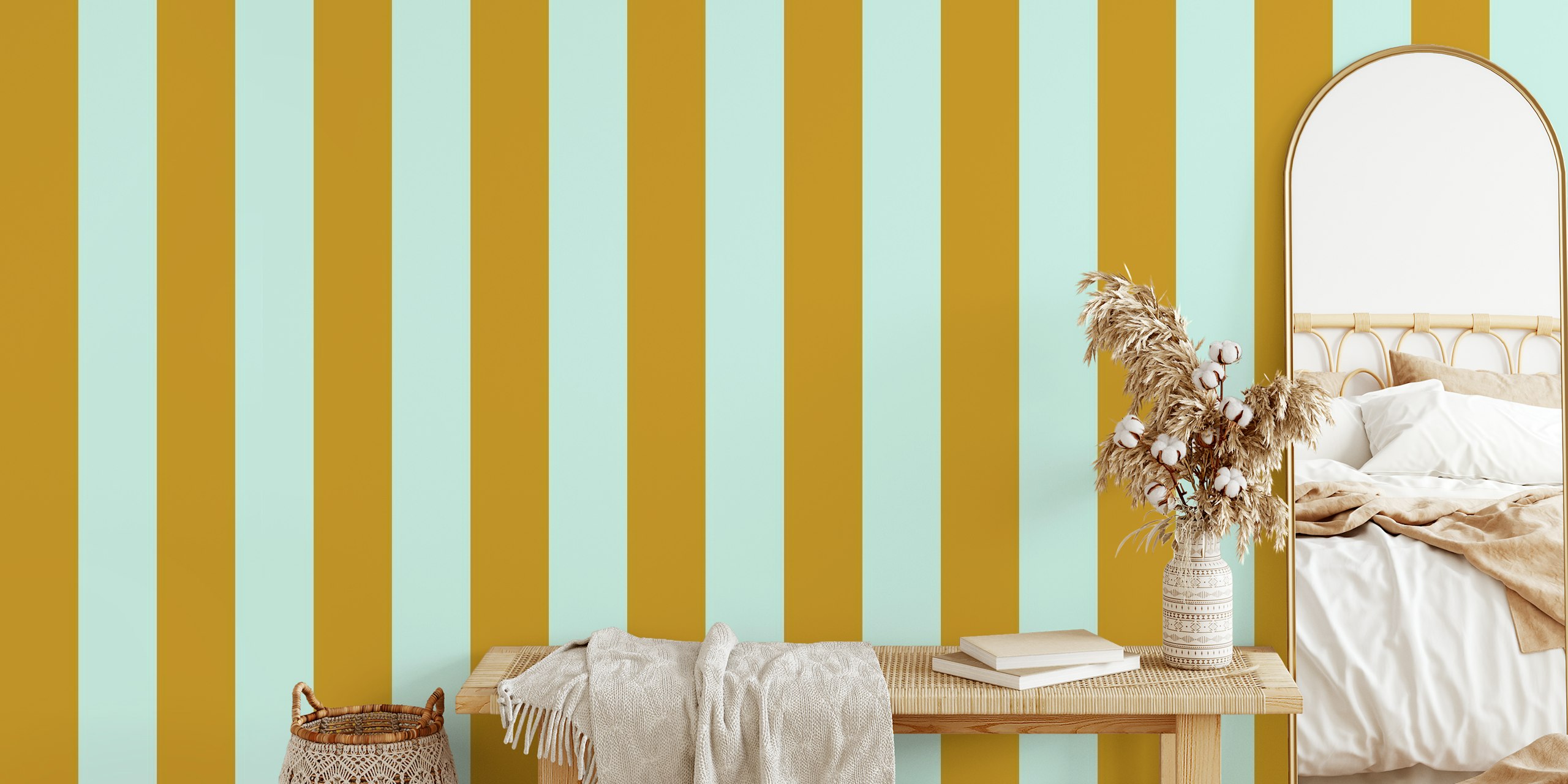 Bold vertical stripes blue gold wallpaper