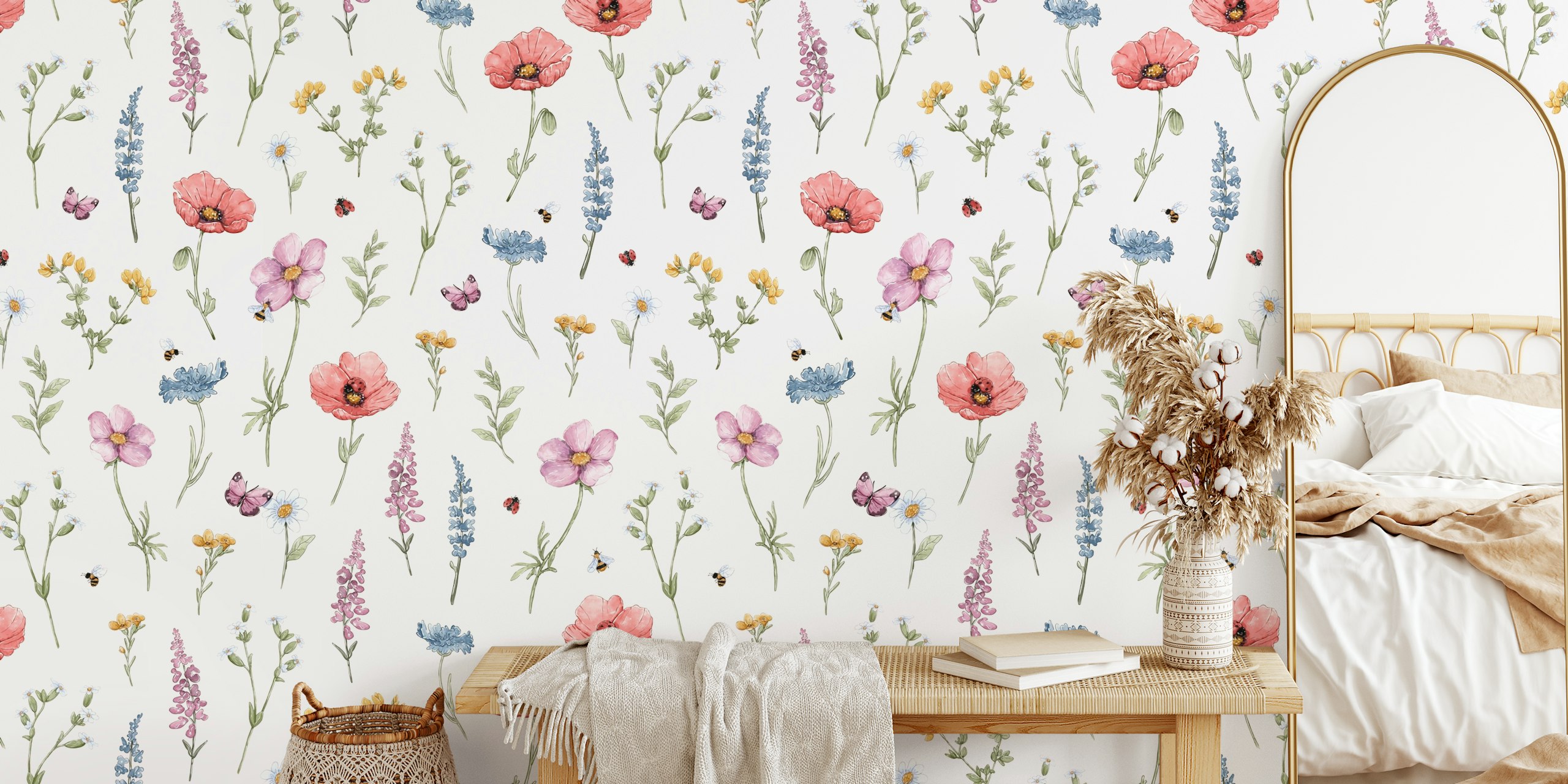 Floral pattern with pink, blue, and yellow flowers on beige wallpaper.