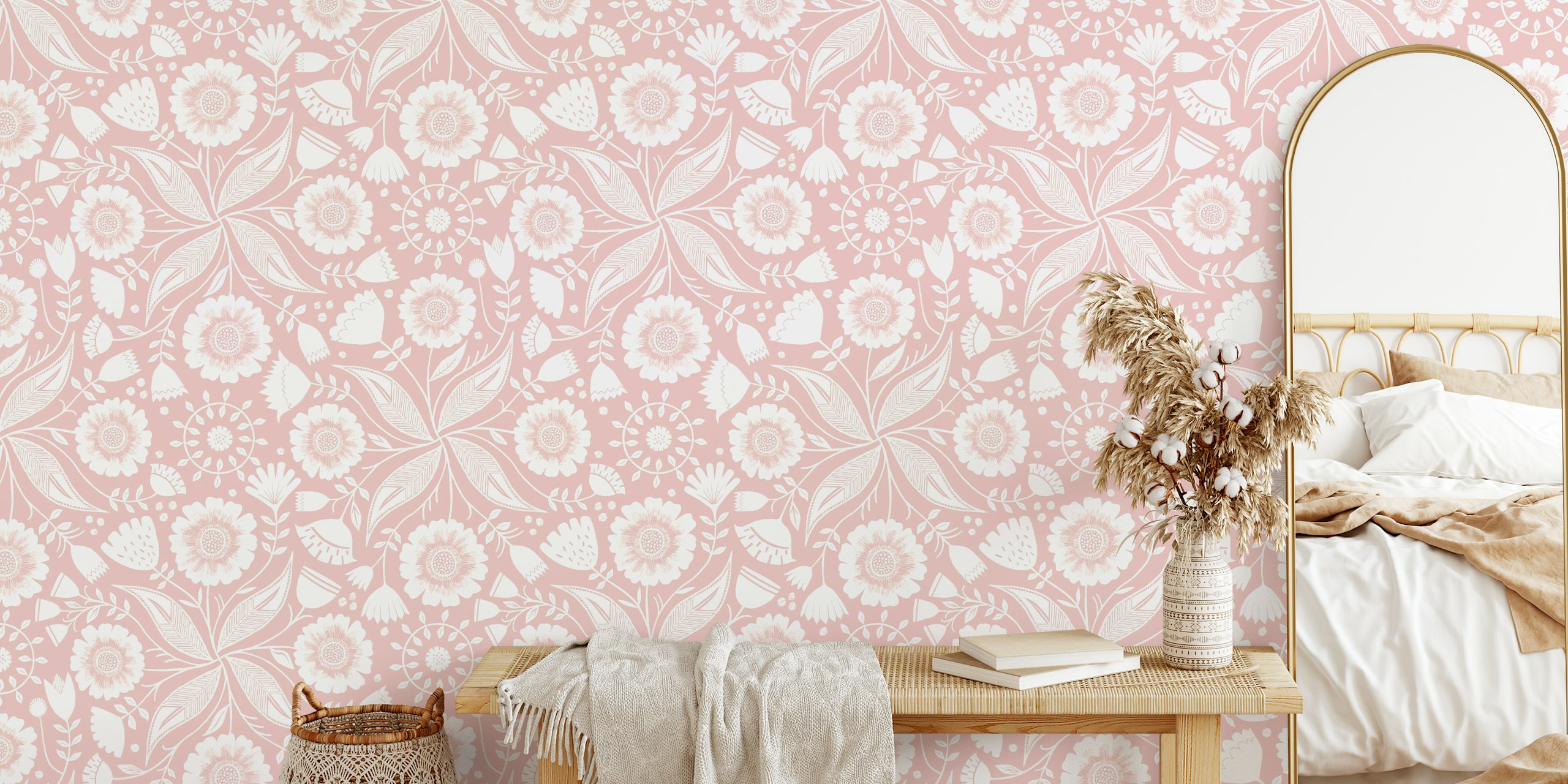 Botanical floral pattern with white flowers and leaves on pink wallpaper