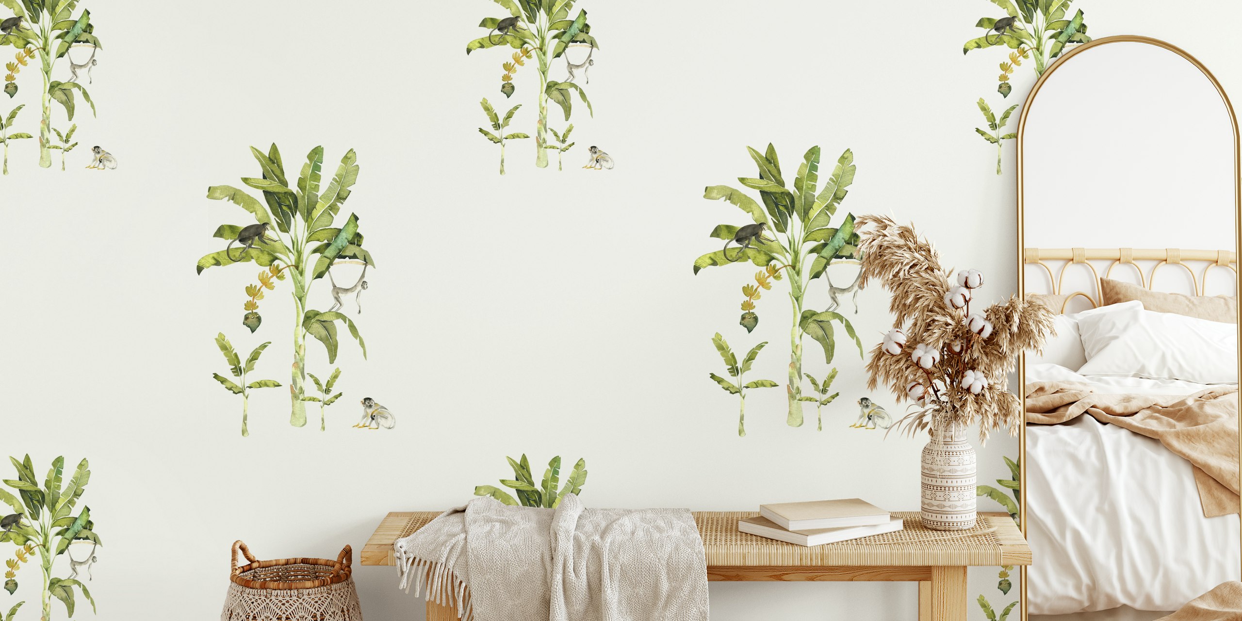 Tropical jungle scene with monkeys and green plants wallpaper