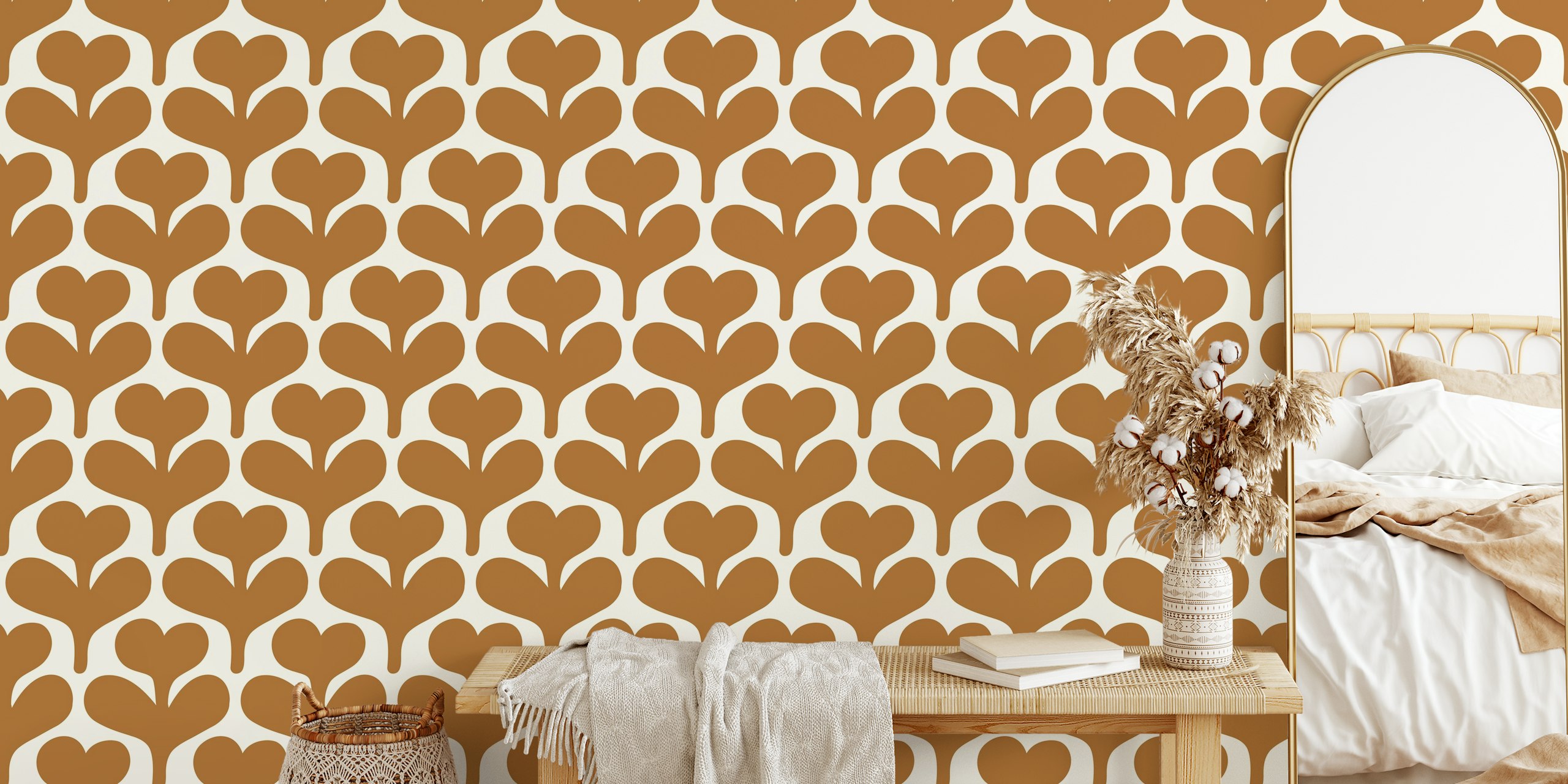 Retro Heartleaf Flowers Brown tapet i et rom