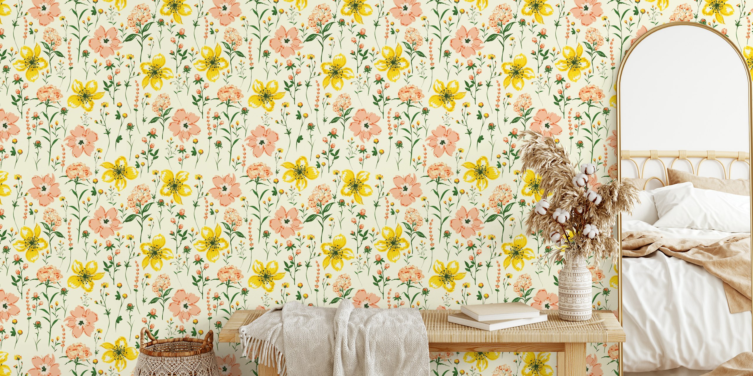 Yellow and pink wildflowers on cream background floral wallpaper