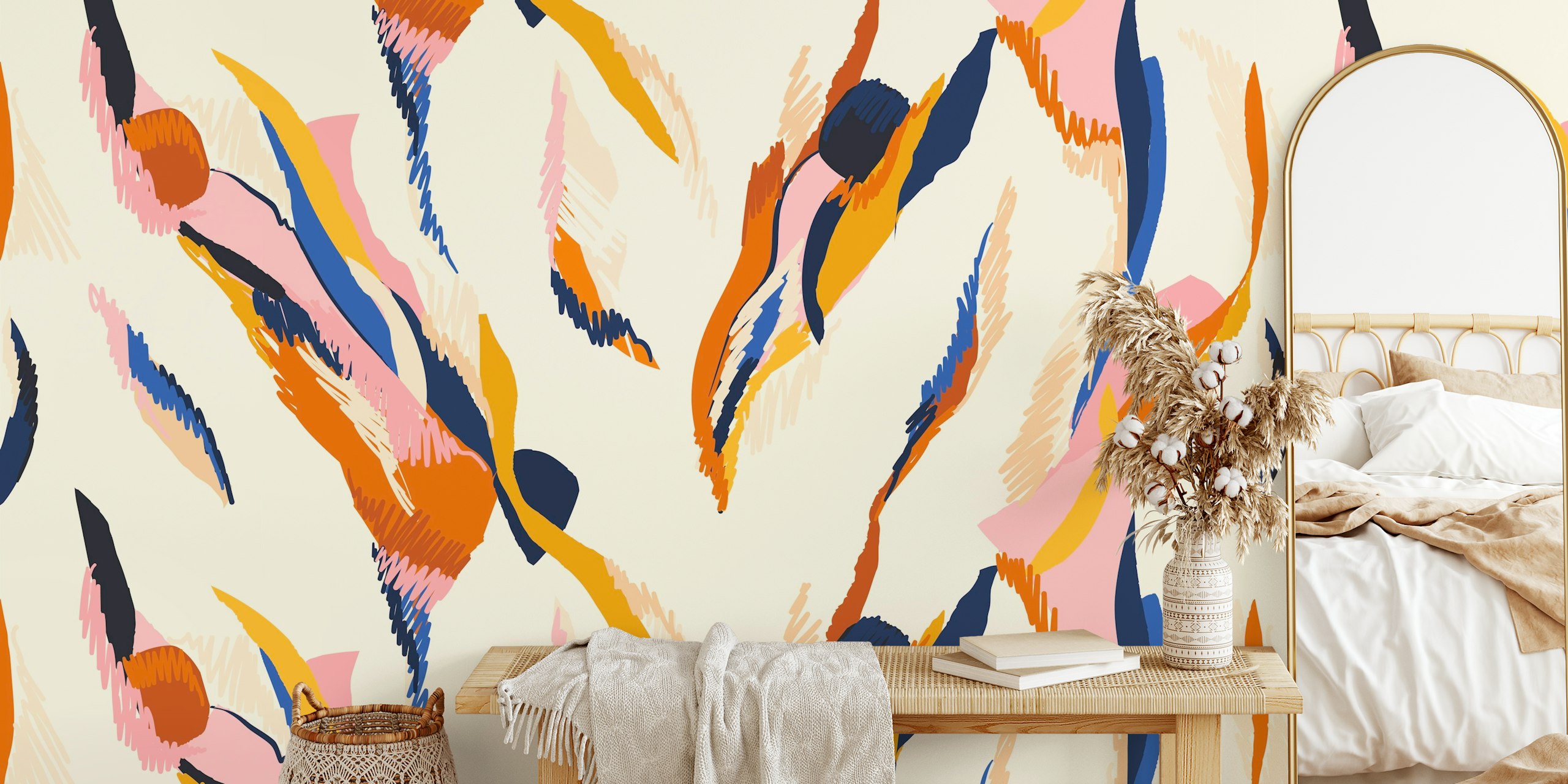 Bold artistic shapes wallpaper in a living room