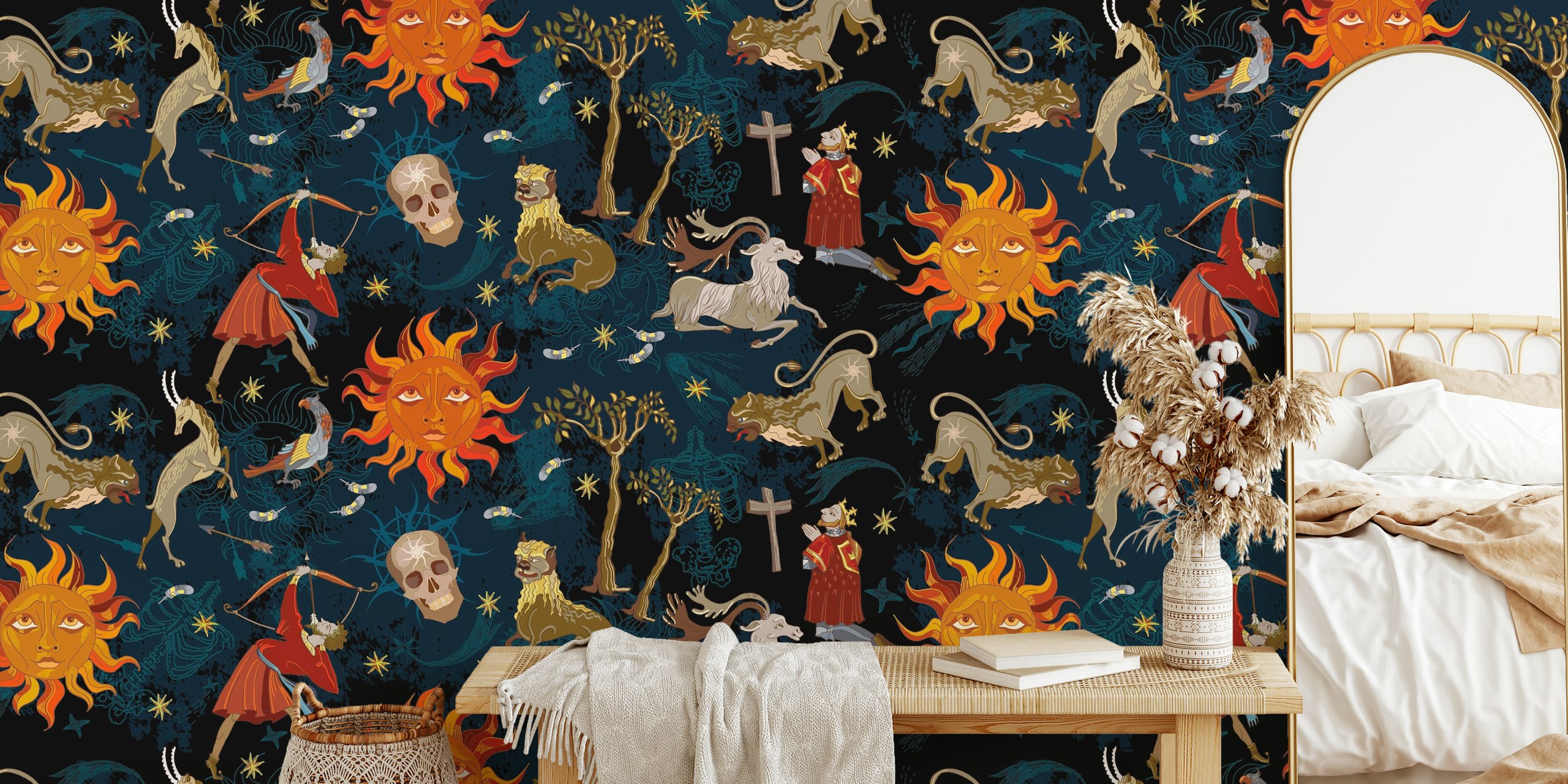 Medieval Astrological behang weergegeven in een kamer