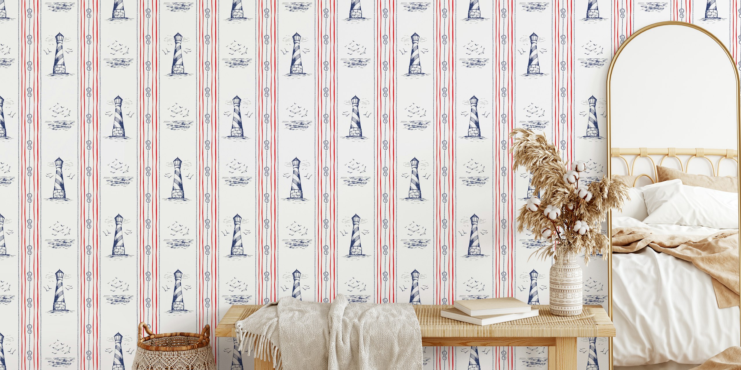 Nautical lighthouse design with blue stripes and white background wallpaper