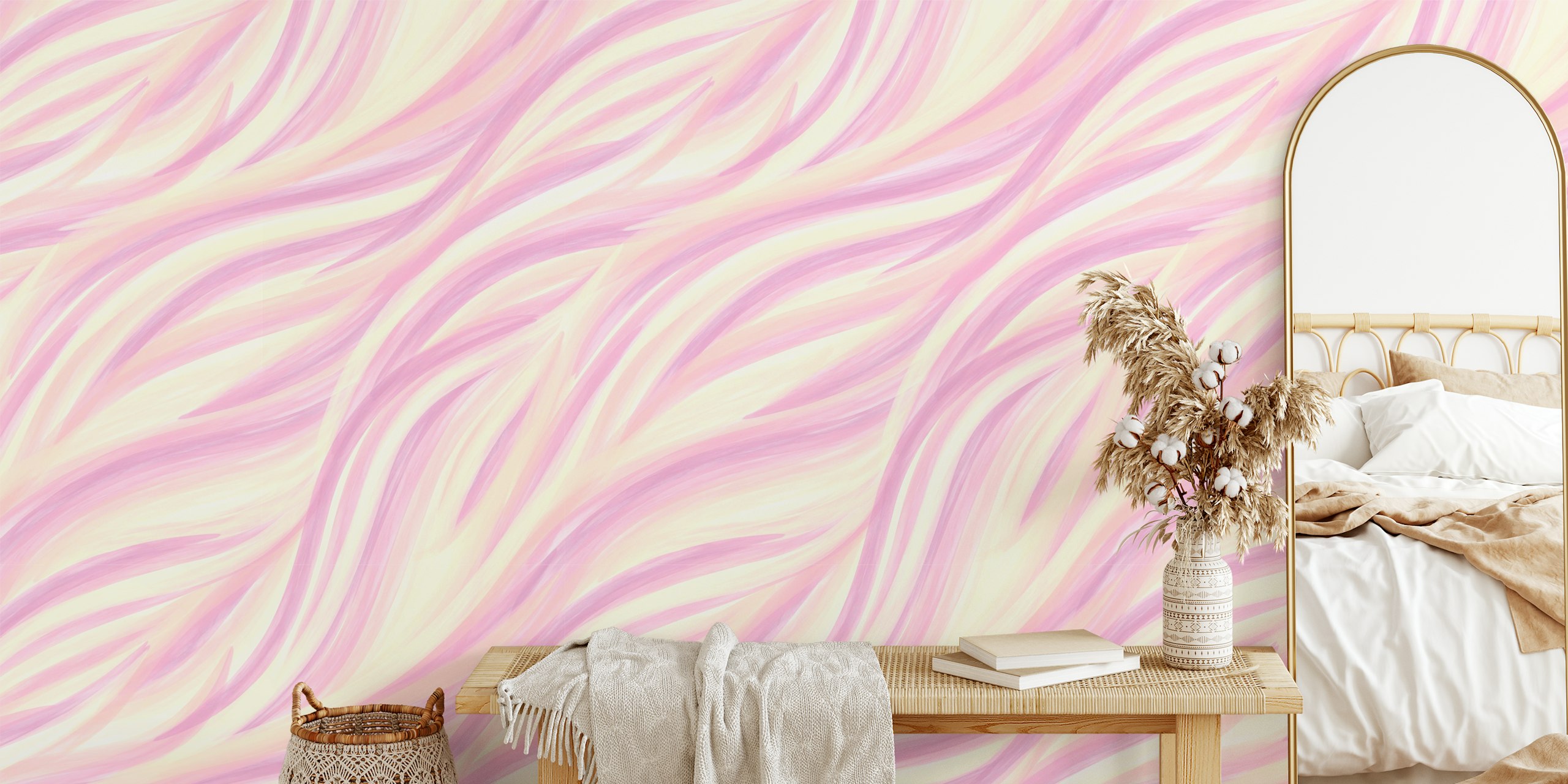 Tapeta Soft Pink and Yellow Waves v místnosti