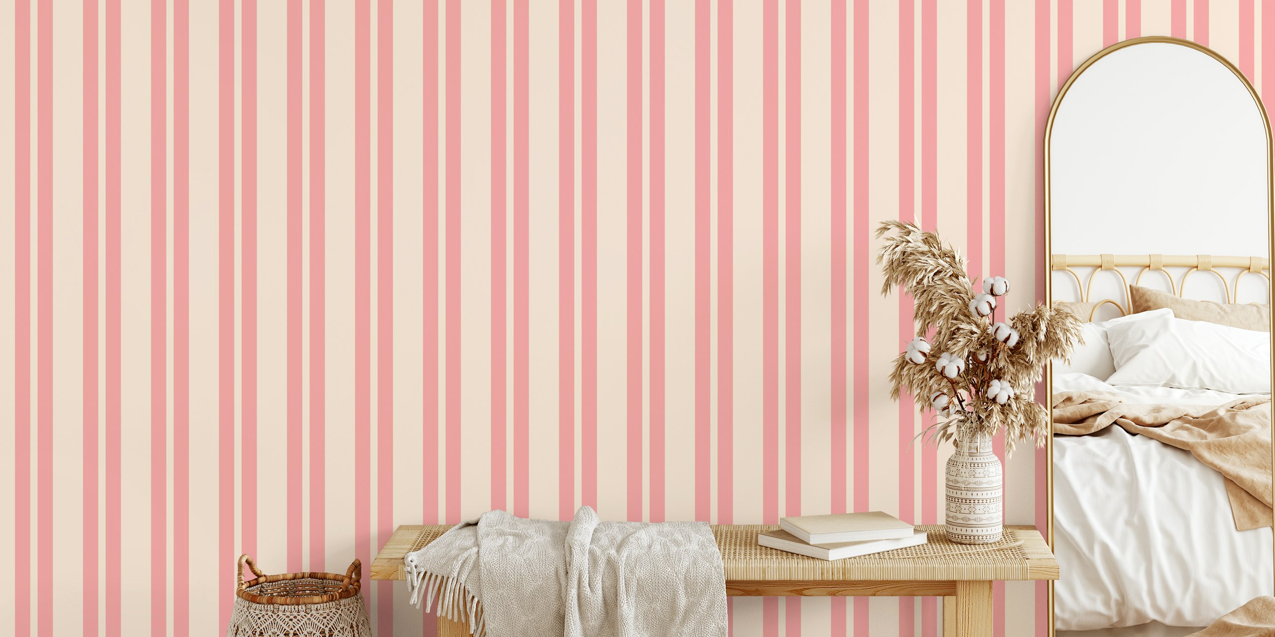 Pastel pink double stripes vertical wallpaper in a room