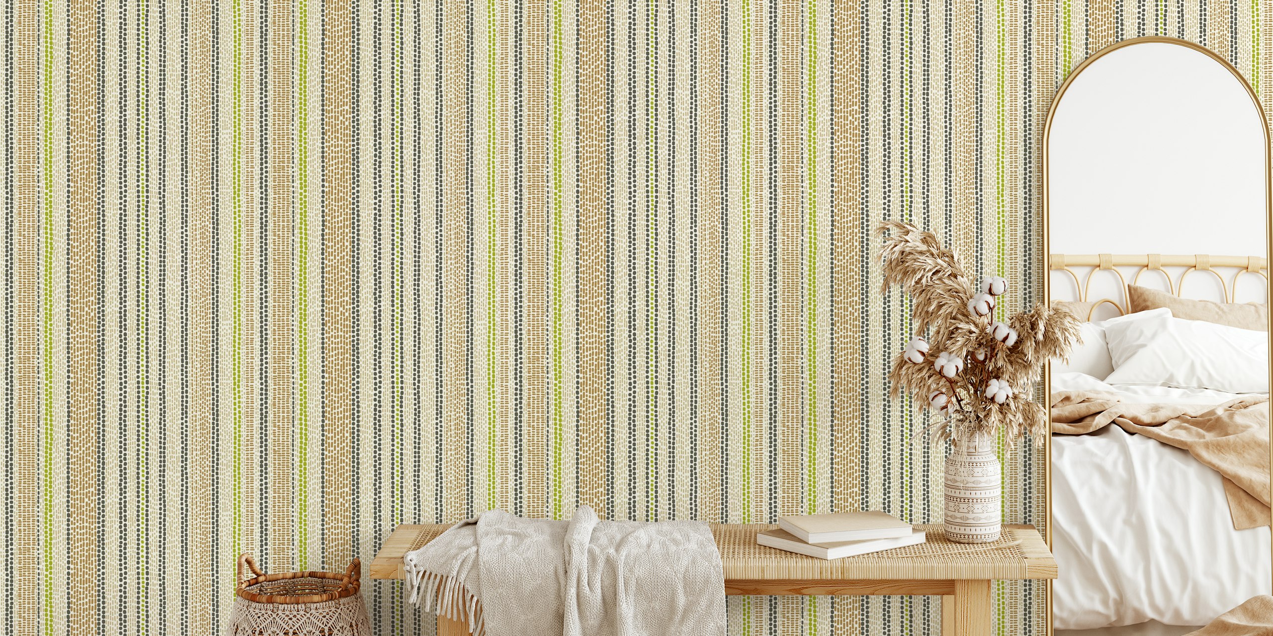 Handwoven striped pattern in khaki, green, and black colors wallpaper