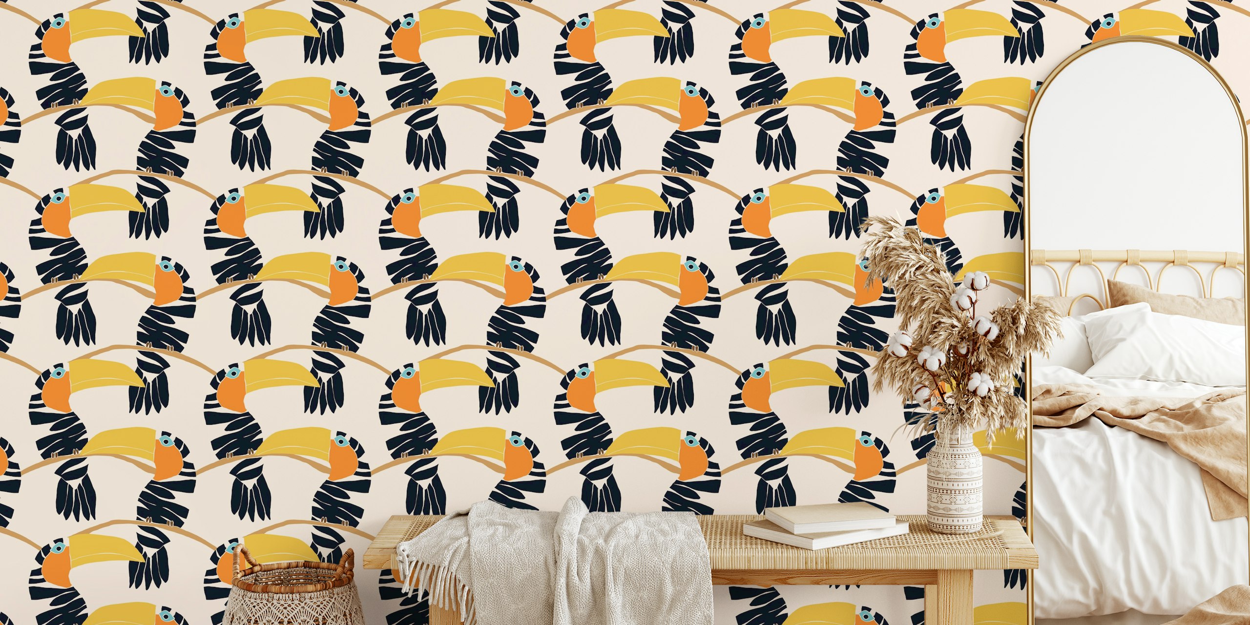 Colorful toucan illustrations with black and orange tones on light background wallpaper