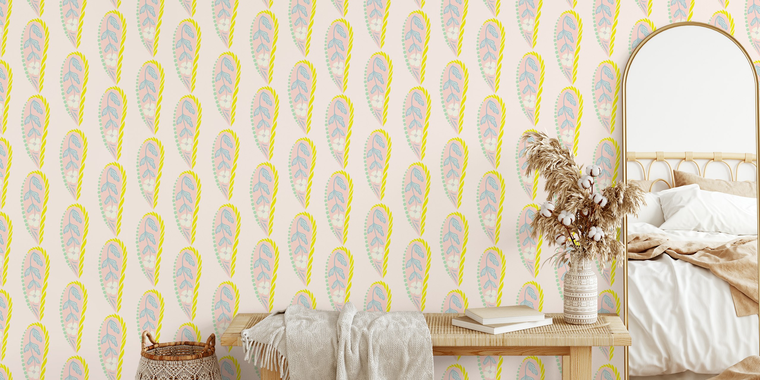 Floral leaf design in pink, blue, and yellow wallpaper