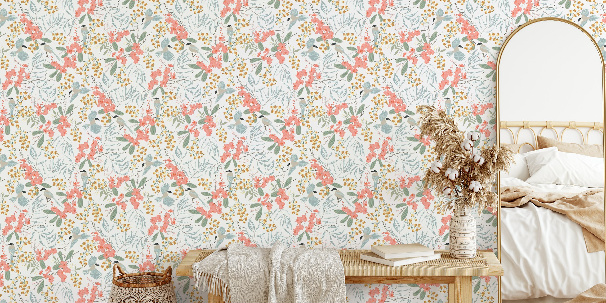 Floral pattern with birds and flowers in pink and green tones wallpaper