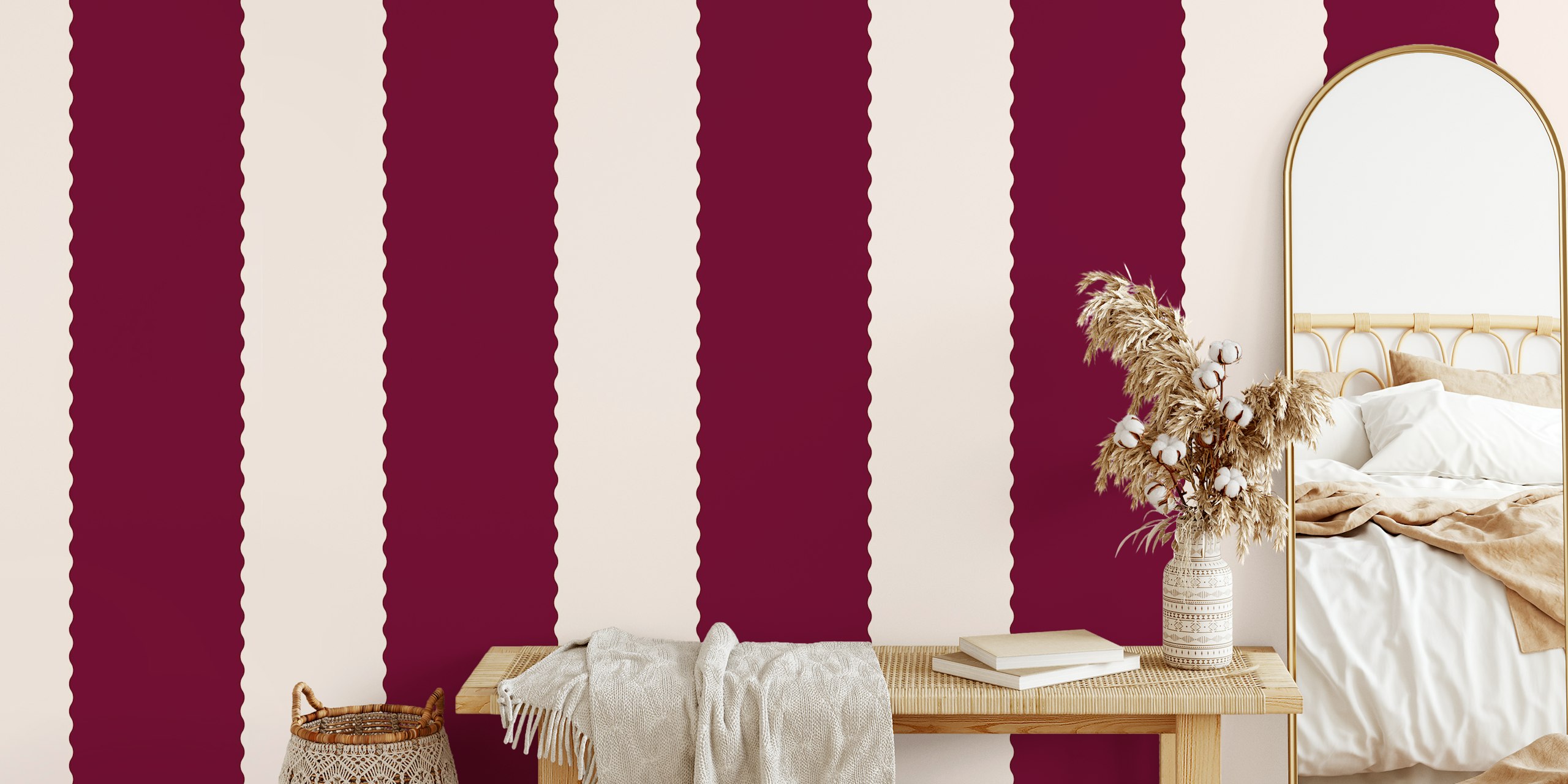 Large Wiggly Stripes Burgundy wallpaper in a room