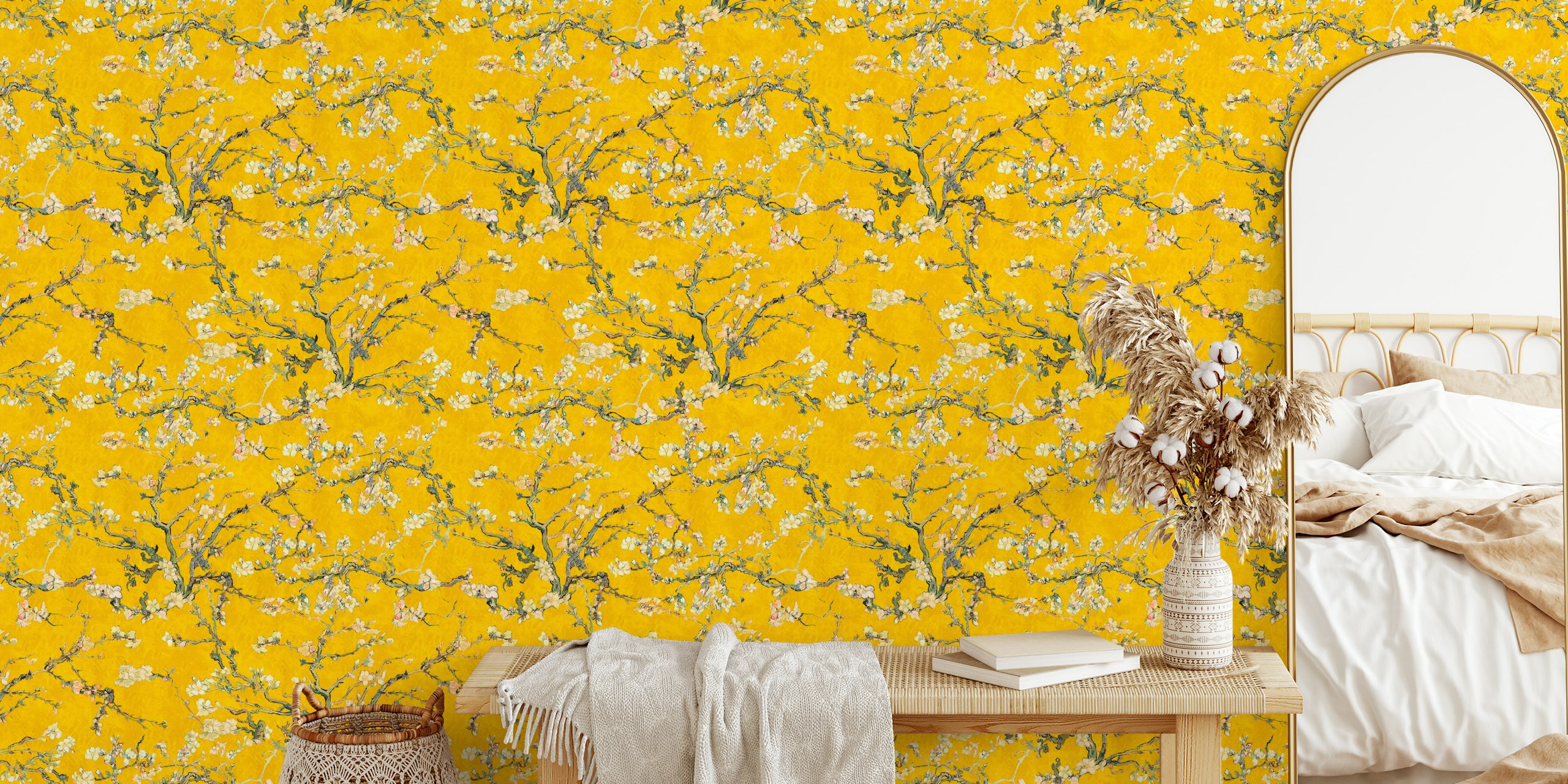 Almond blossom branches against bright yellow background wallpaper