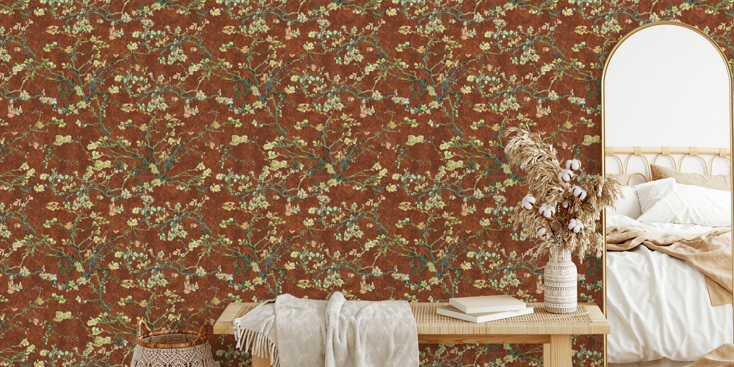 Almond blossom branches on rust brown background wallpaper