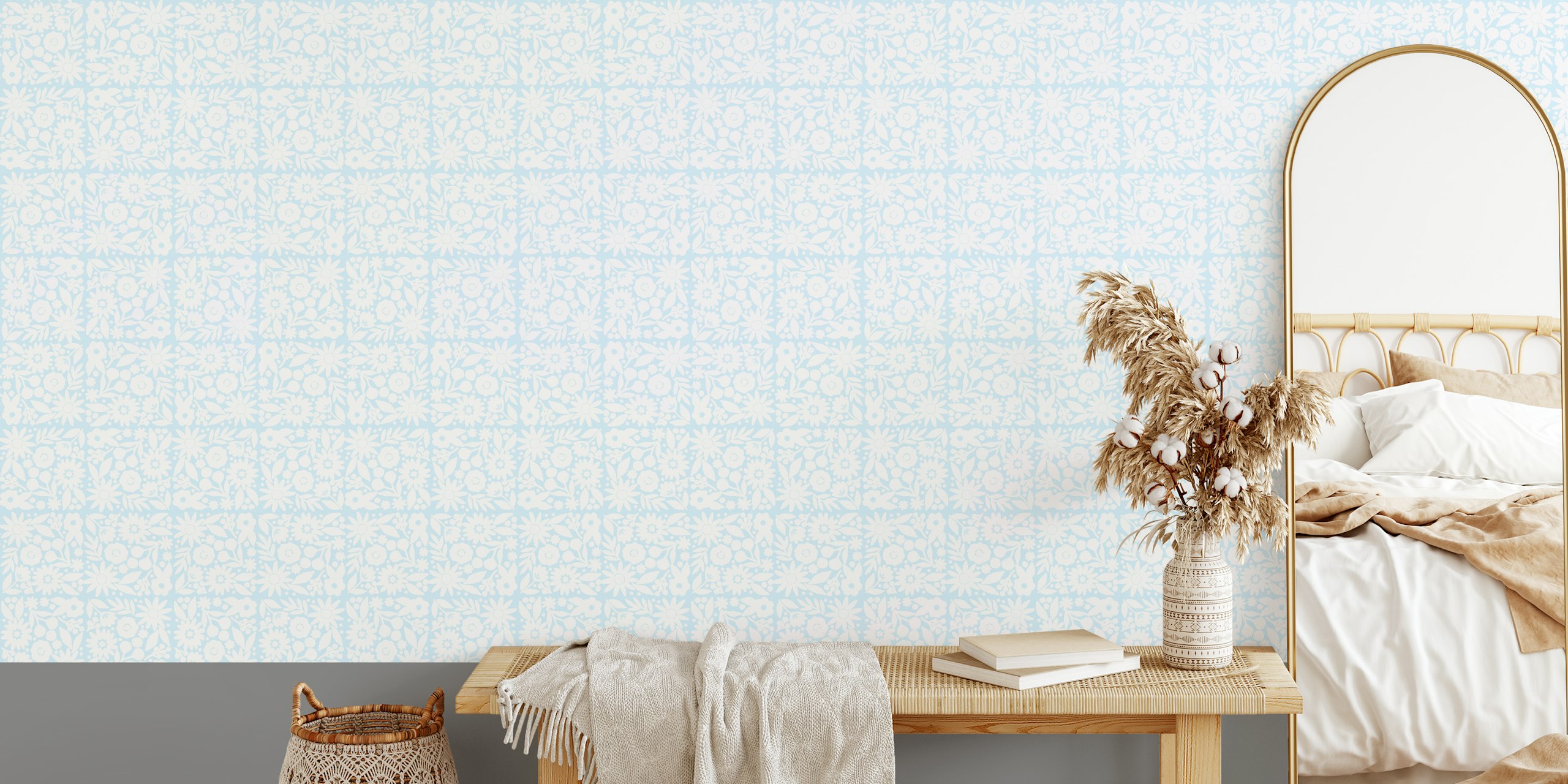 Floral grid pattern in light blue and white wallpaper