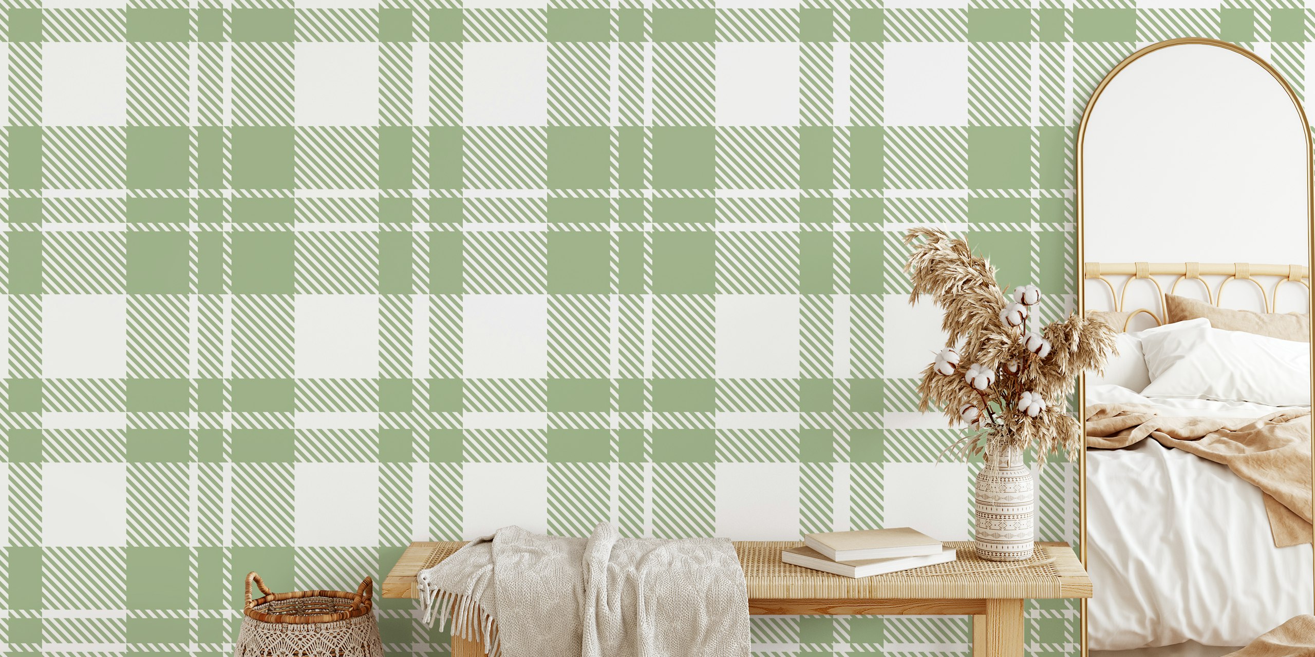 Sage Green Eskine Tartan carta da parati in una stanza