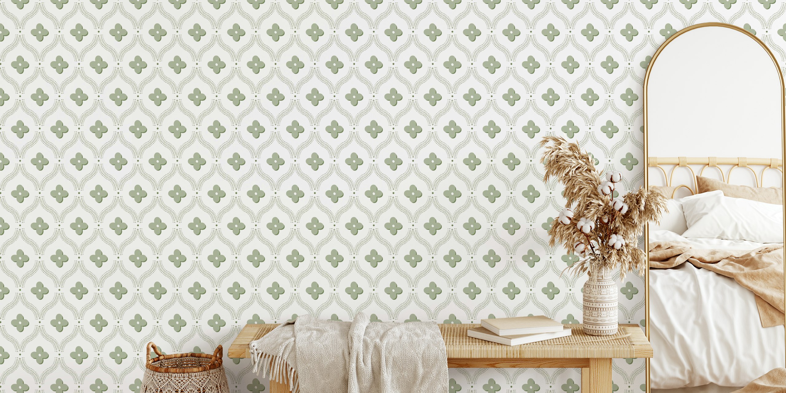 Quatrefoil trellis sage green tapet i et rum