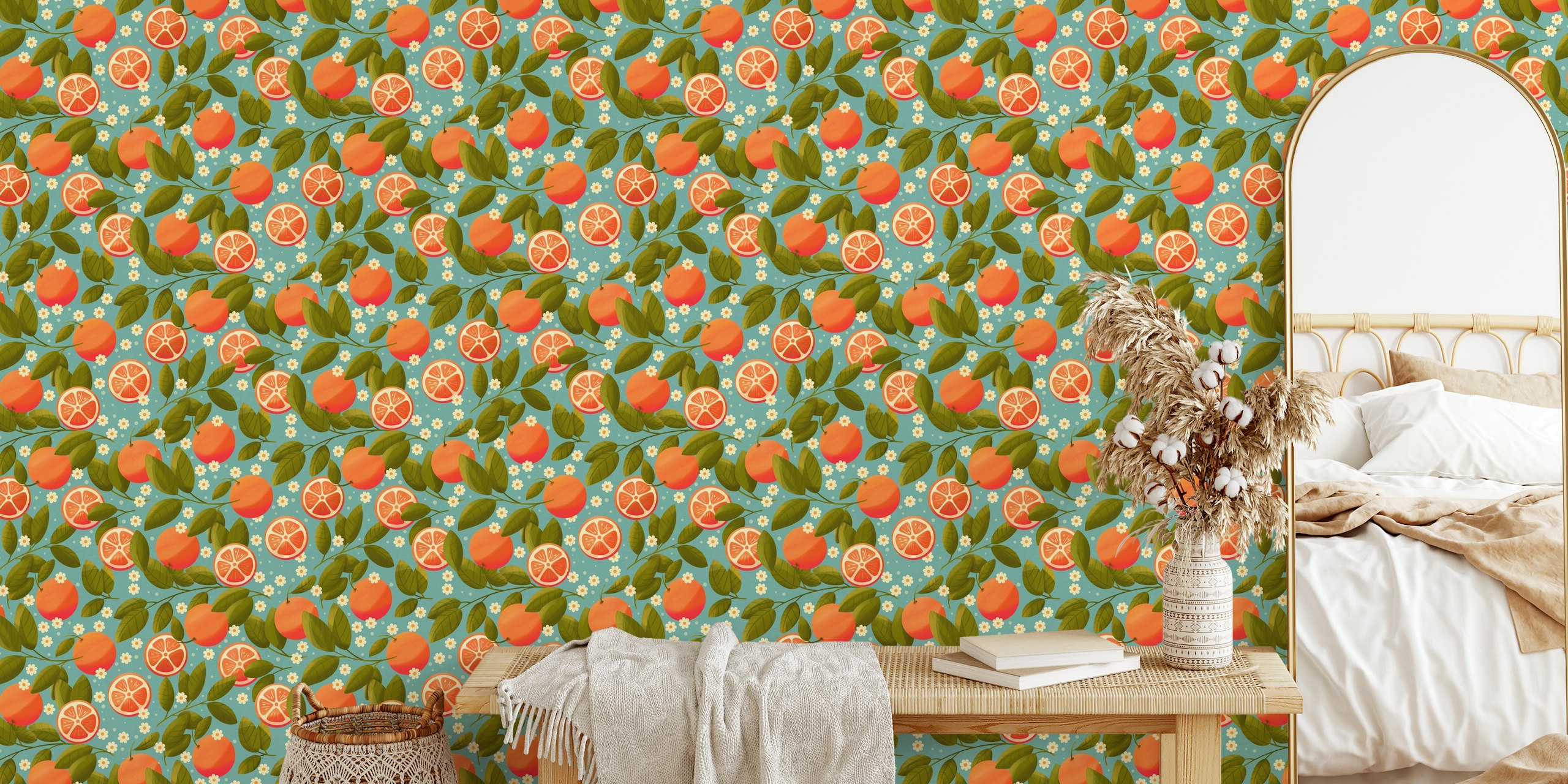 Vibrant citrus wallpaper design in a room