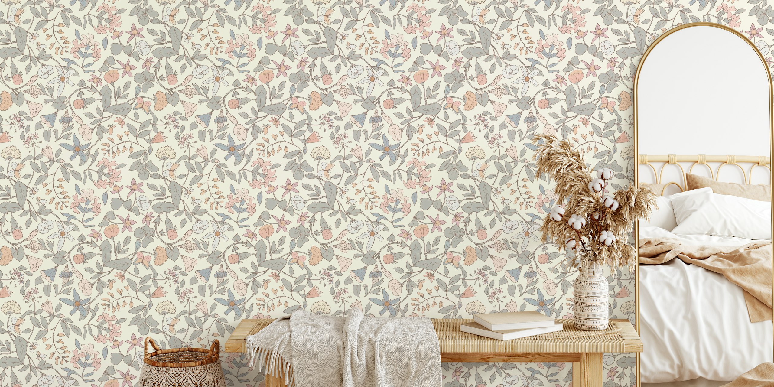 Rustic Floral Tapestry wallpaper in a room