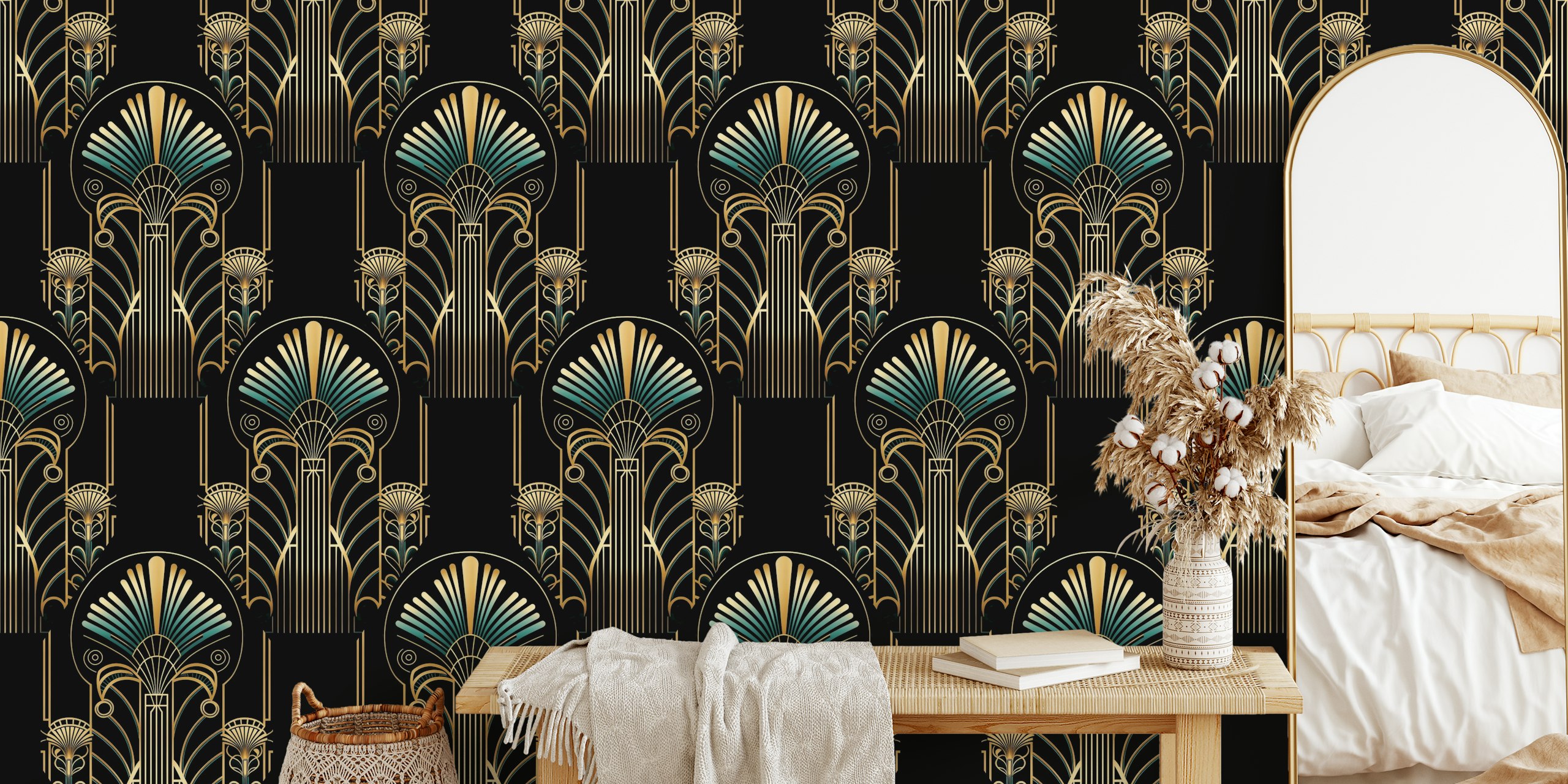 Tapeta Bohemian Luxury Gold Teal v pokoji
