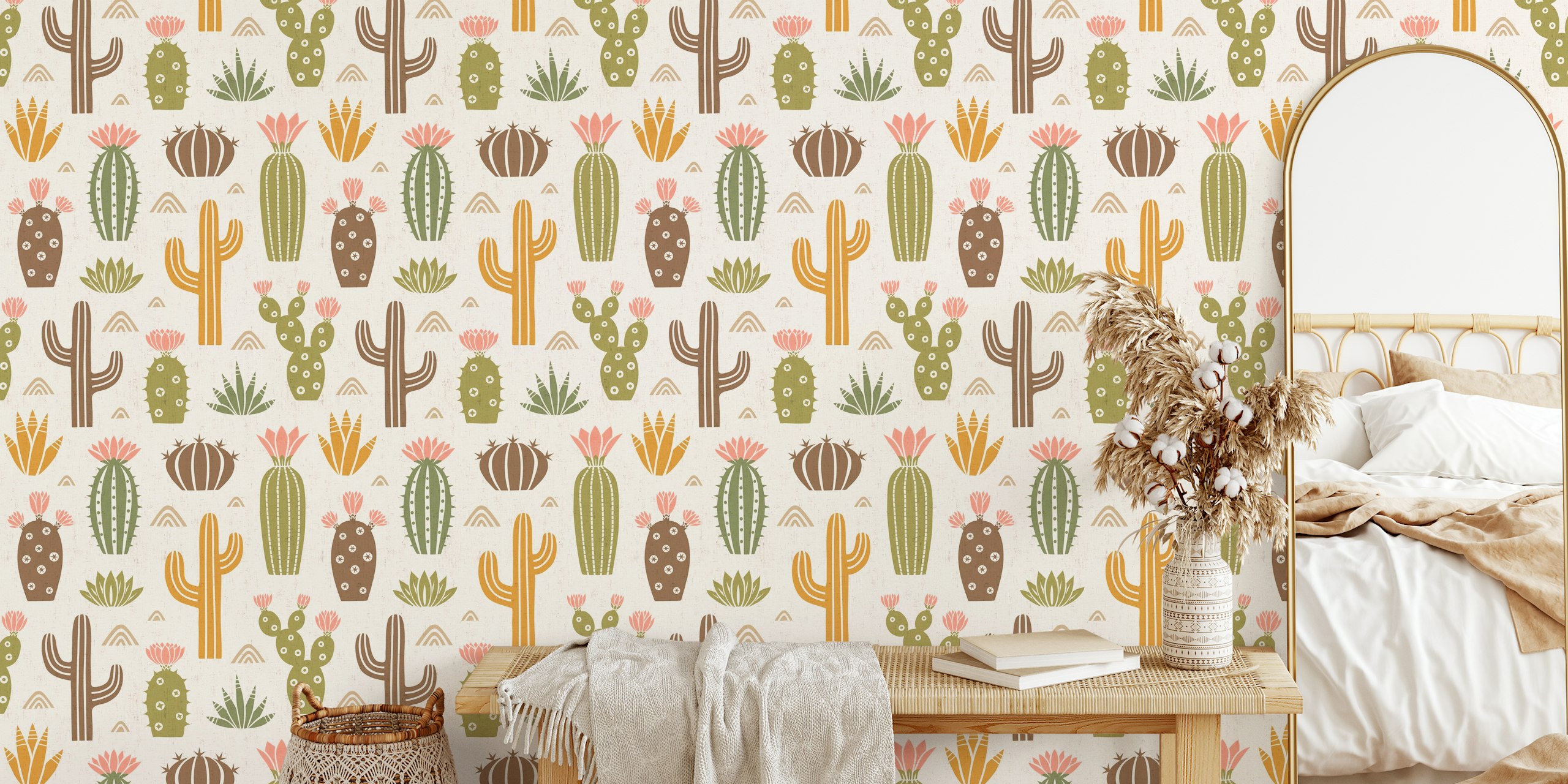 Colorful cactus pattern in pink, green, and brown wallpaper