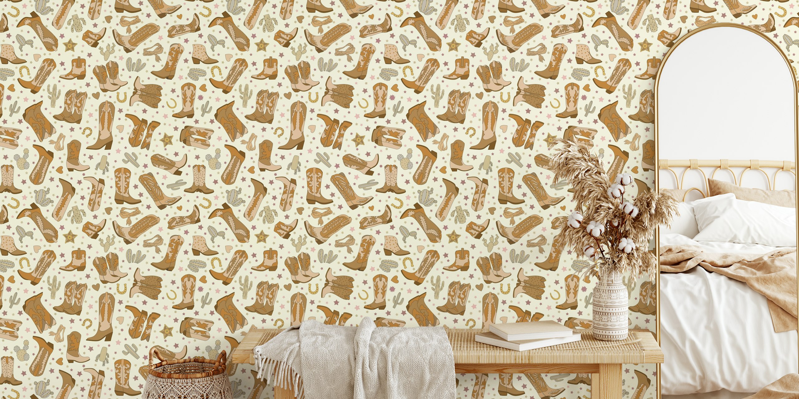 Cowgirl boots, cacti, and stars in warm tones wallpaper