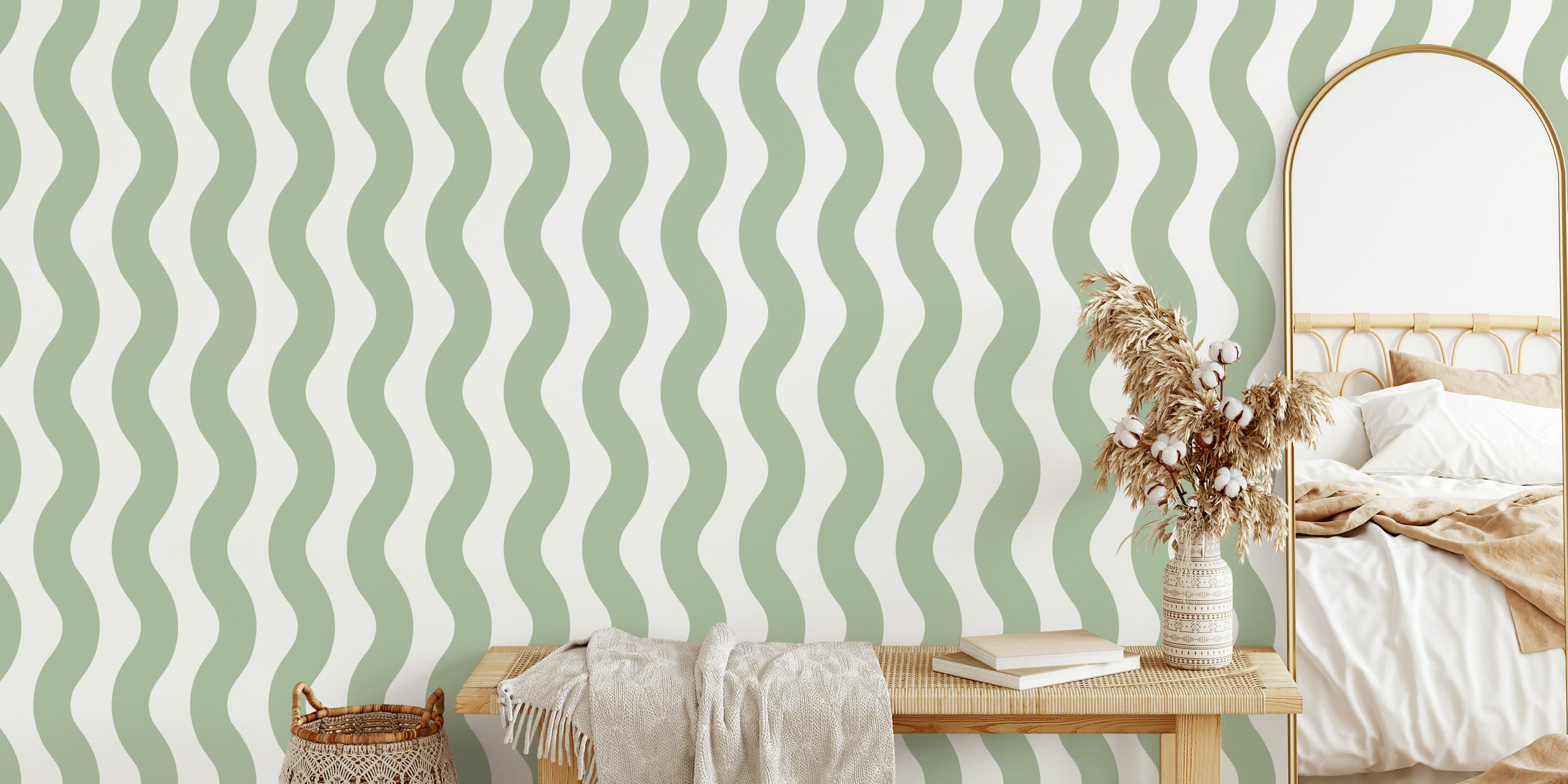 Sage Green and White Field Waves 2 en una habitación