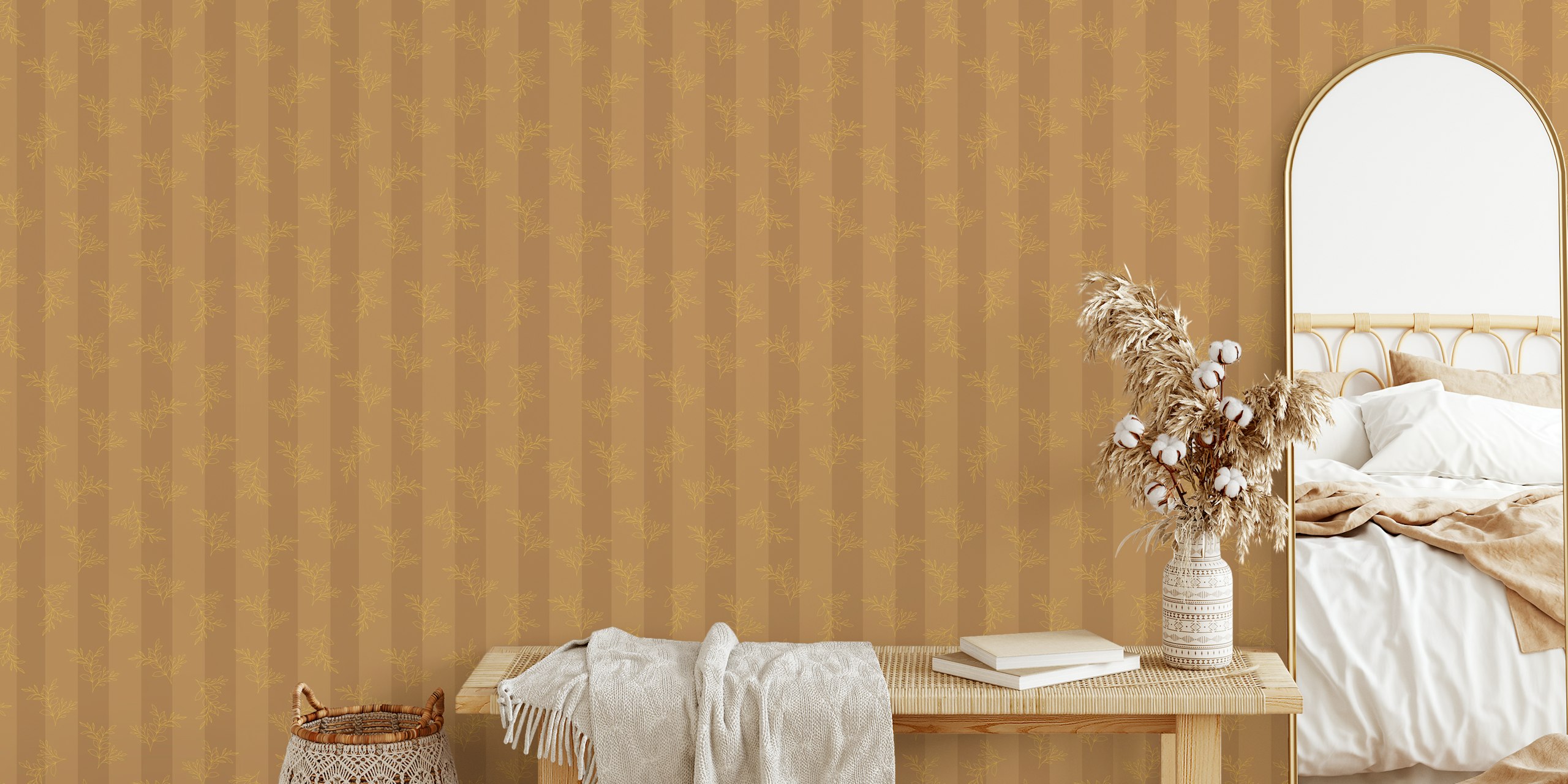 Beige striped wallpaper with delicate botanical illustrations