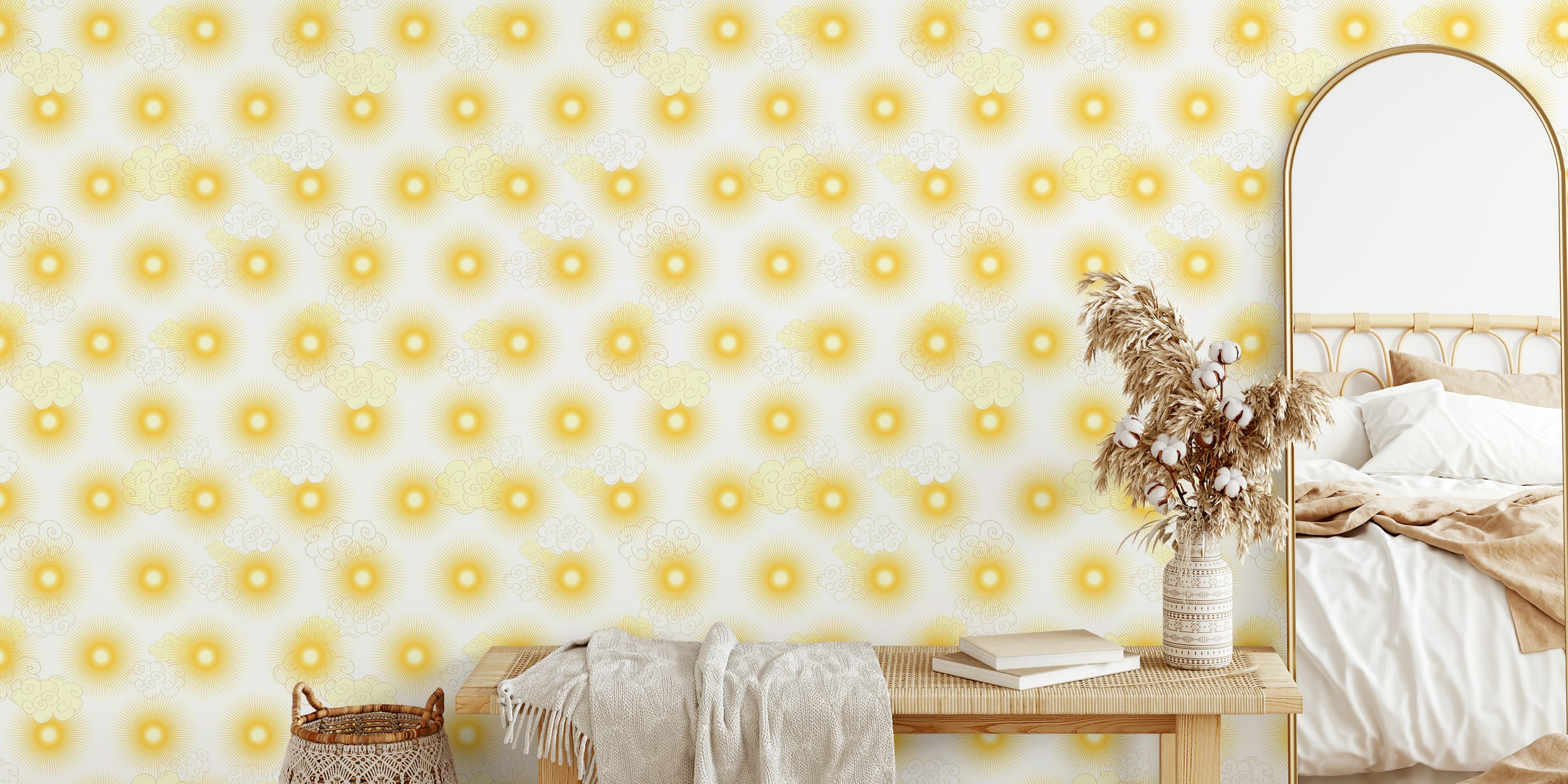 Yellow sun and white cloud pattern on light wallpaper