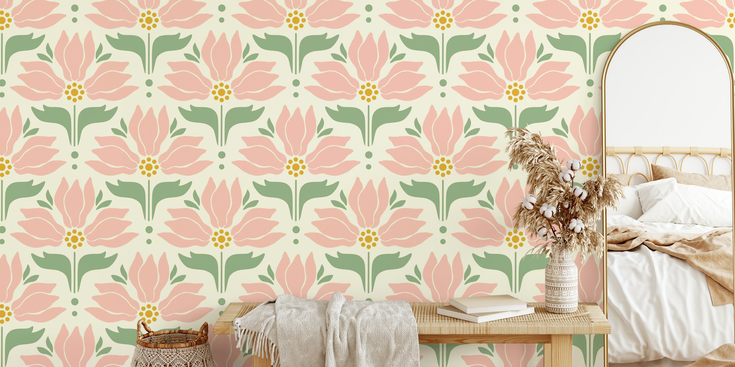 Retro floral wallpaper featuring pink flowers and green leaves on a cream background