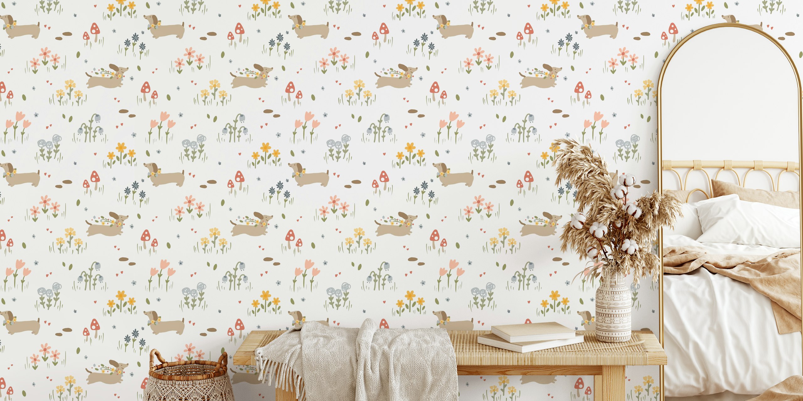 Dachshunds, colorful wildflowers, playful design, wallpaper