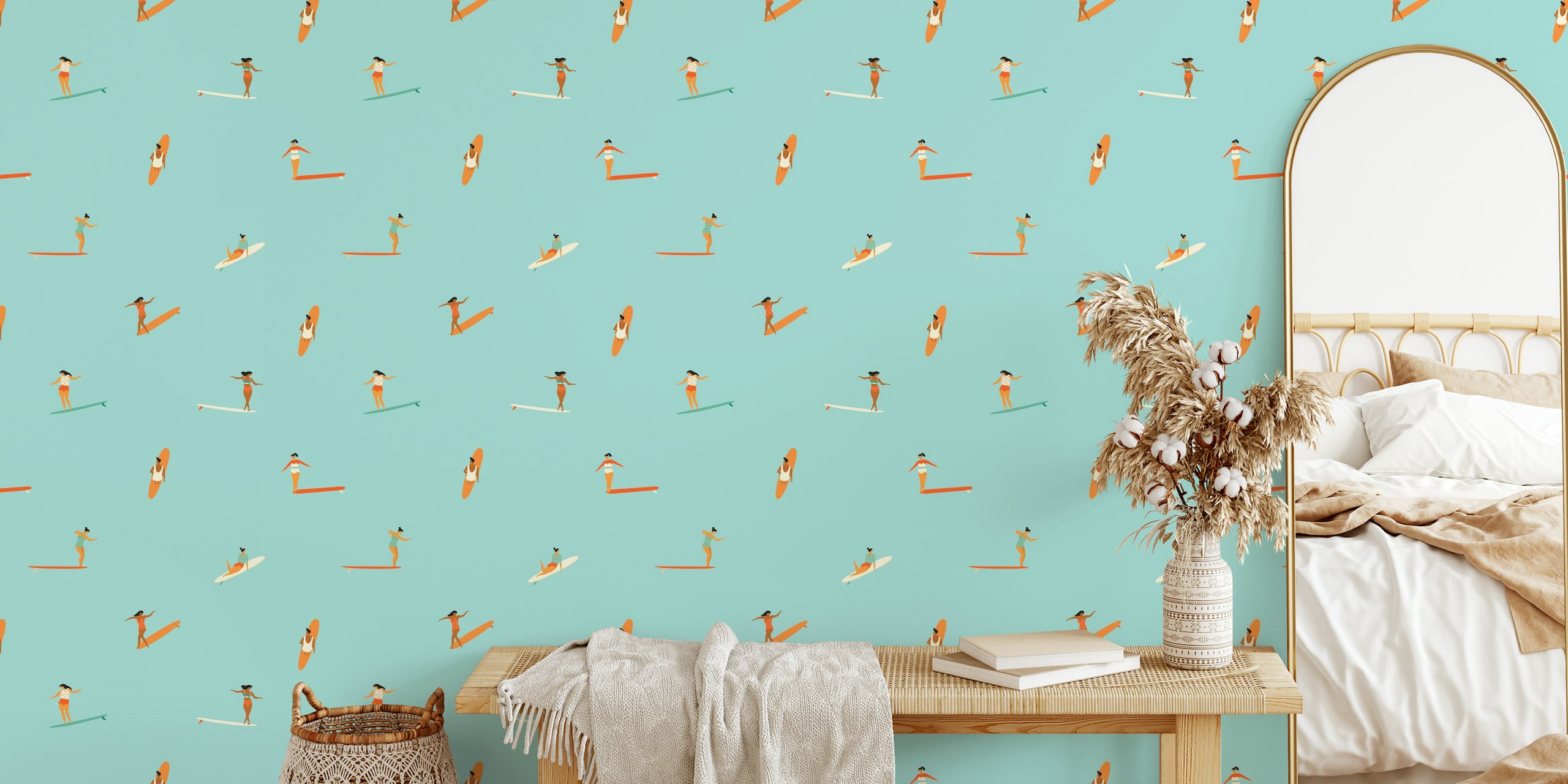 Women surfing on colorful boards against a blue background wallpaper