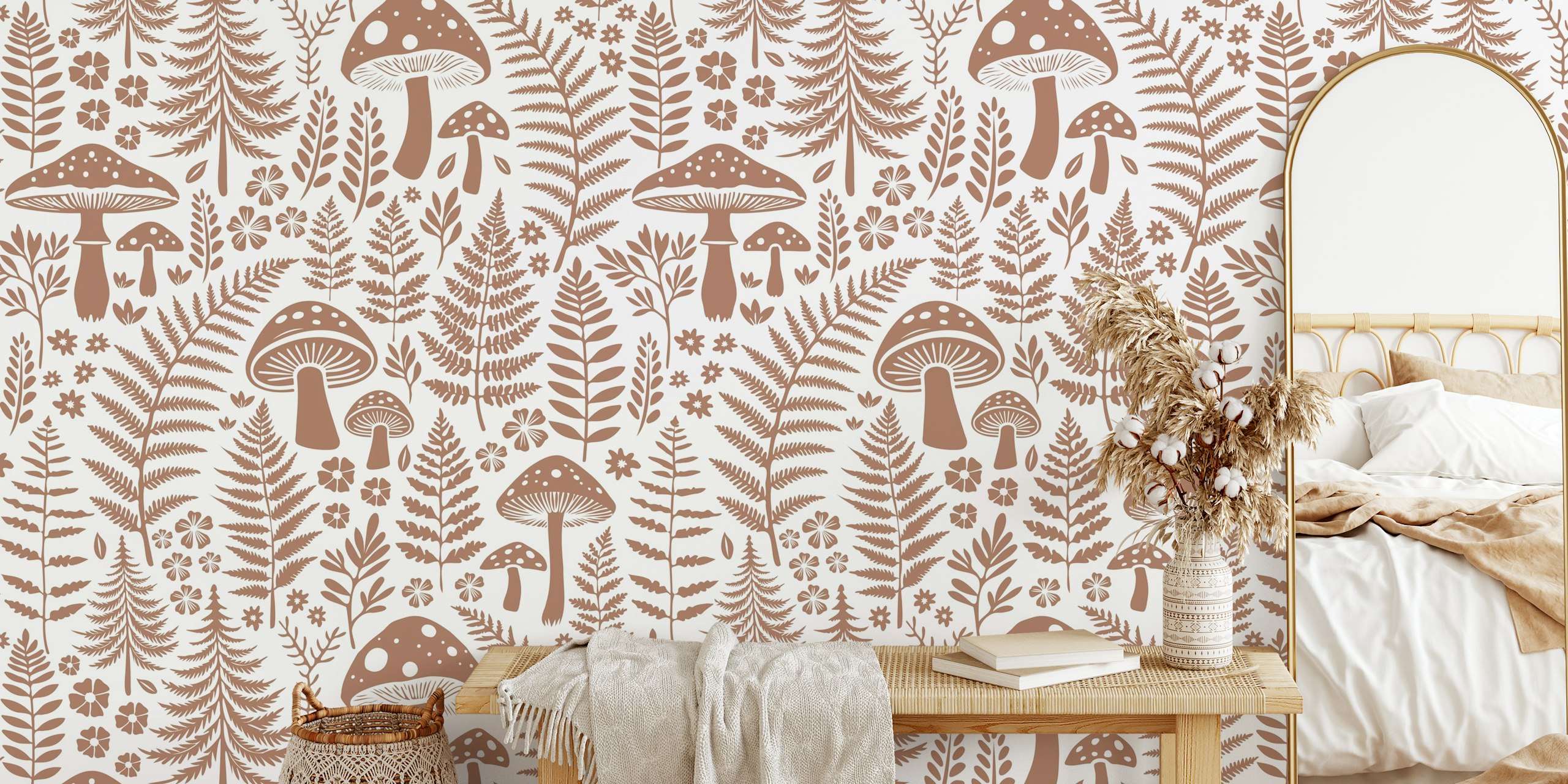 Woodland fern and mushroom wallpaper in a room